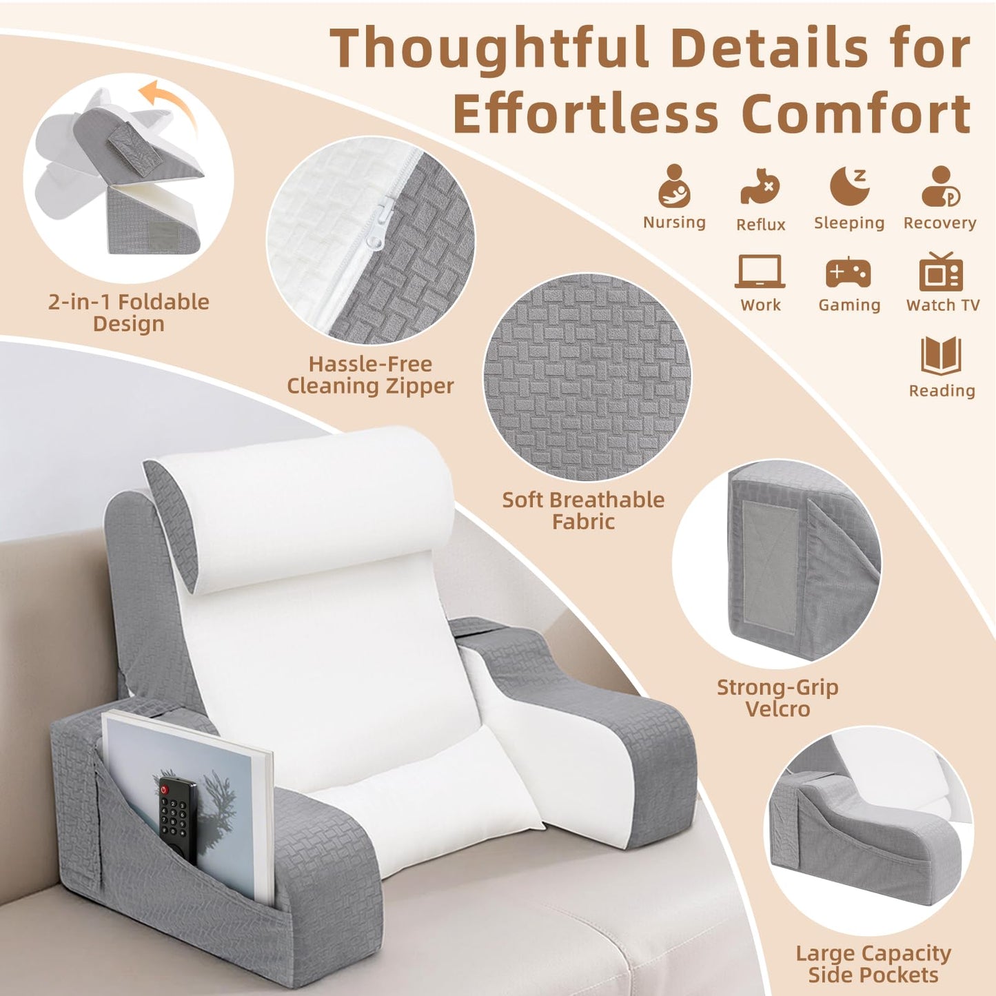 ESUERDO 5PCS Reading Pillow for Sitting in Bed Adult, 2 in 1 Foldable Back Wedge Pillow for Sleep, Ergonomic Back Support Pillow with Arms for Watching TV, Gaming, Working, Recovery, 19” White/Grey