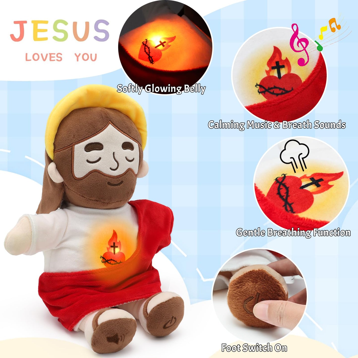 Yelakey - Calming Jesus Plush Toys with Light and Sound, Jesus Breathe Plush Doll with Stuffed Animals, Religious Christian Catholic, Christmas Easter Gifts for