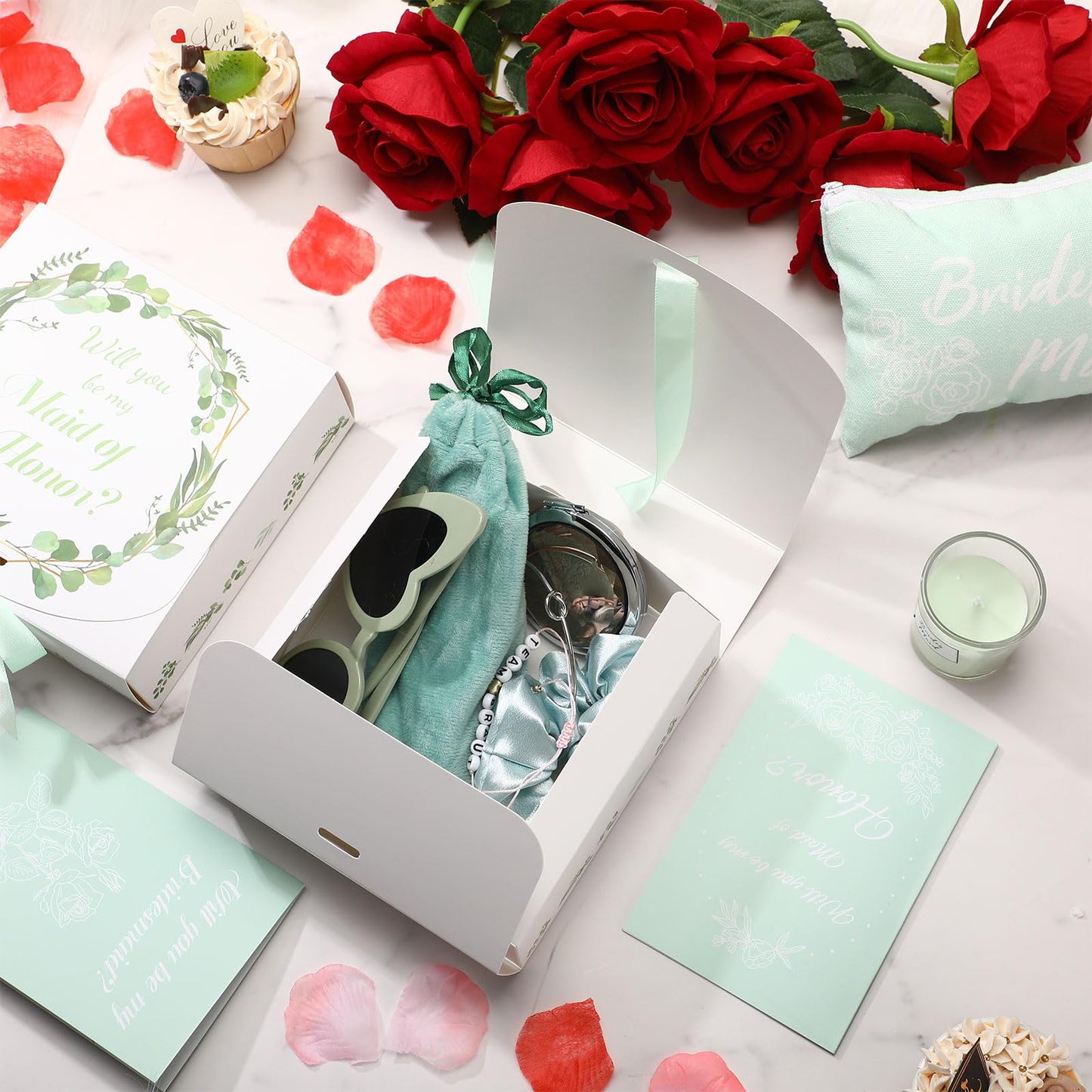 Nuogo 88 Pcs Bridesmaid Proposal Gifts Maid of Honor Gift Bridal Shower Gifts Cosmetic Makeup Bags Invited Cards Knotted Bracelets Scrunchies Hair Diamond Pens Favors for Wedding(Green, Modern)