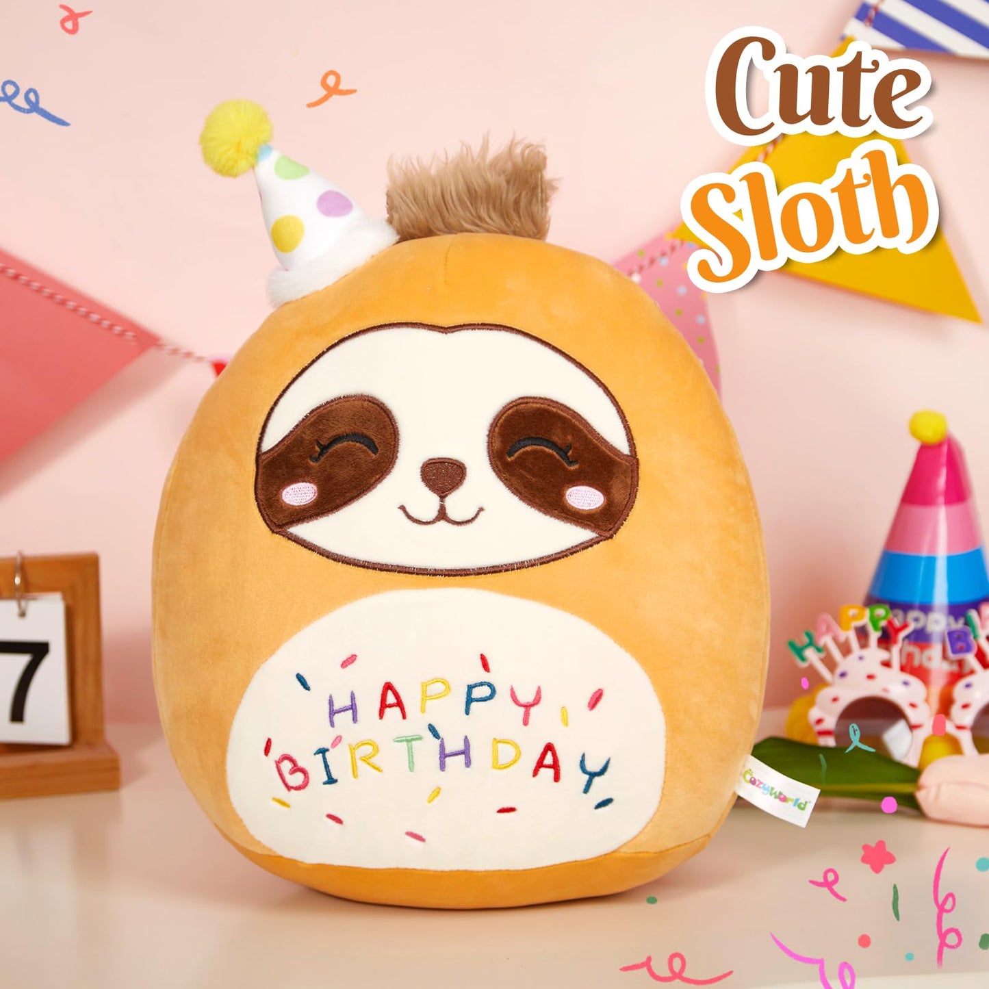 15" Birthday Sloth Plush Pillow Soft Sloth Plush Toy Cute Stuffed Animal Home Room Decoration Birthday Gift for Kids Toddlers Brown