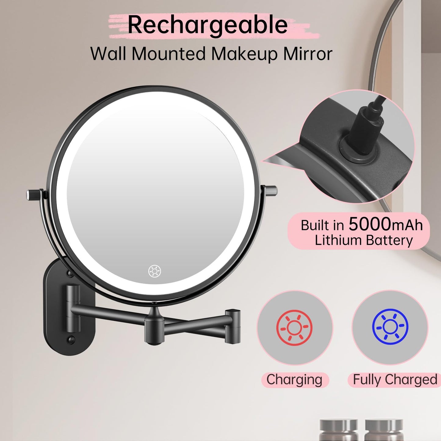 FUNTOUCH 5000mAh Rechargeable Wall Mounted Lighted Makeup Vanity Mirror, Double Sided 1X 30X Magnifying, 3 Color Lighting, Touch Dimming, Extended Arm 360 Rotation Light up Bathroom Mirror Black