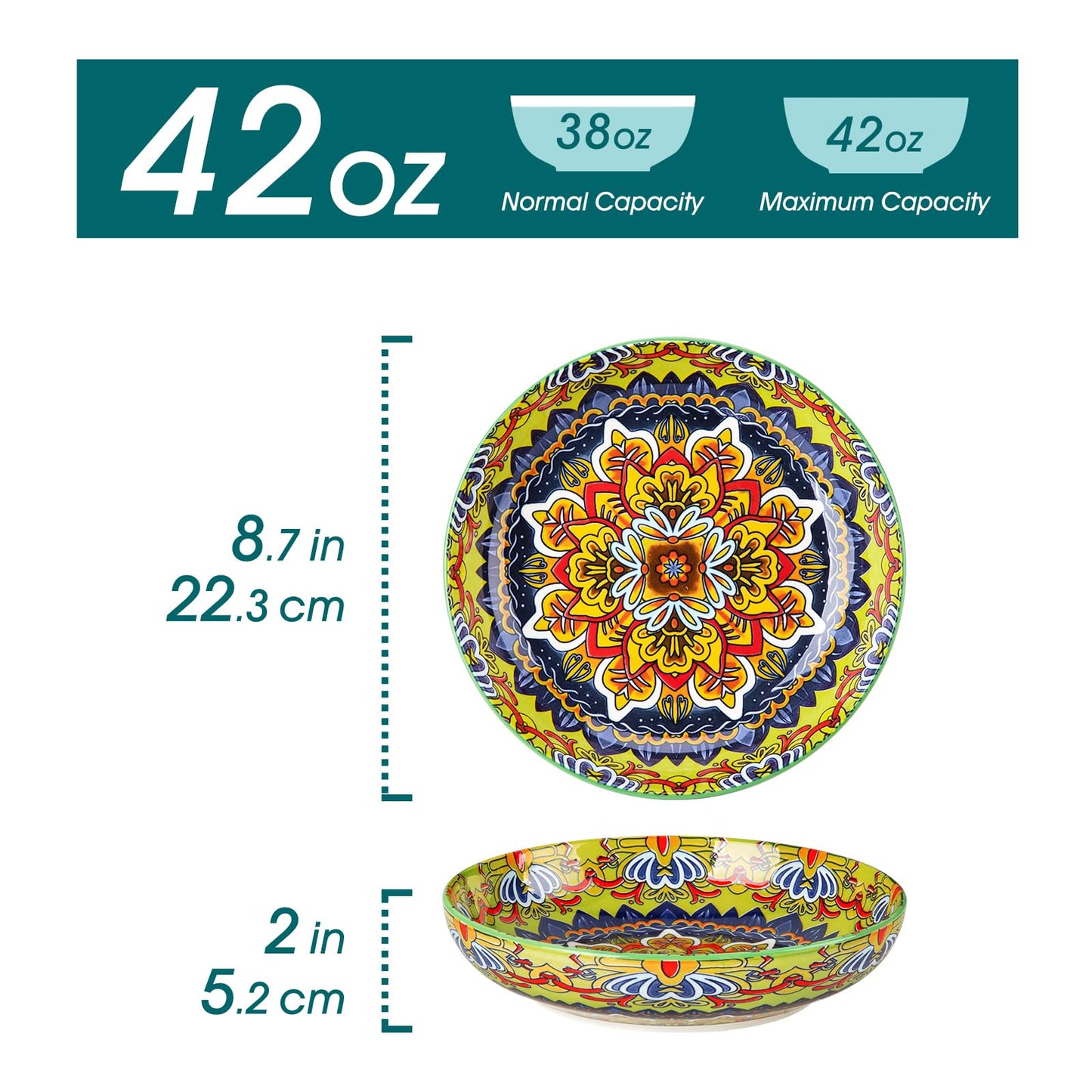 vancasso Pasta Bowls Set of 4, Ceramic Salad Serving Bowls, 42Oz Large Pasta Bowls, 8.7 in Colorful Bowl Plates for Soup, Bohemian Shallow Bowls for Kitchen, Microwave & Dishwasher Safe