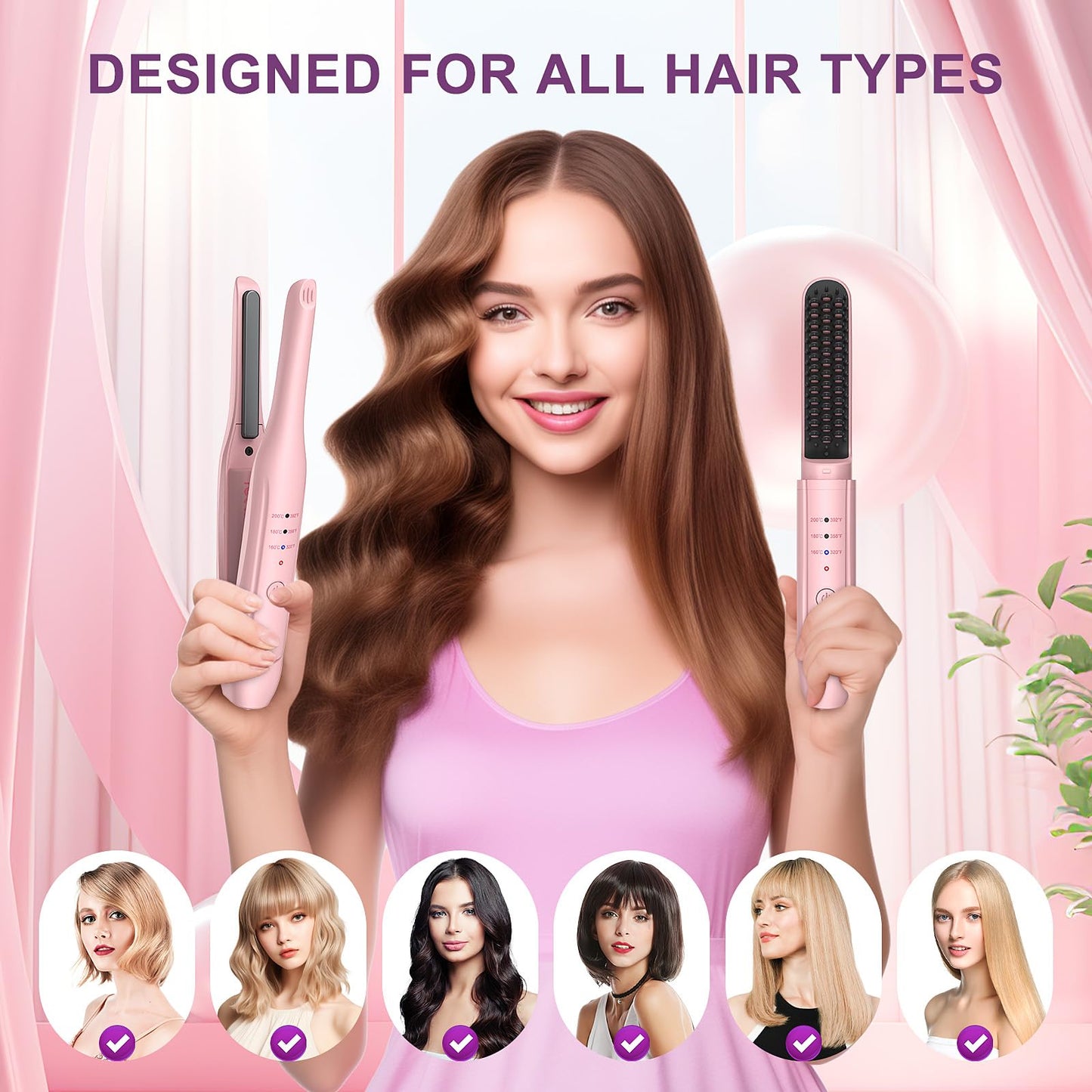 2Pcs Pink Cordless Portable Hair Straightener and Travel Hair Straightener Brush Set with Carrying Case, Hair Straightening Irons and Hot-Air Hair Brushes Set for Beauty and Personal Care