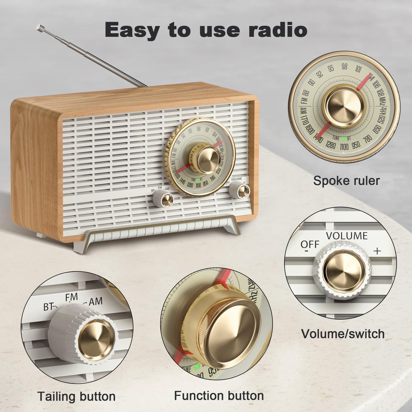YOWGUIF AM FM Radio Classic Retro Wood Table Radio Bluetooth Speakers Radios Plug-in Wall with Rotary Knob Great for Home, Office