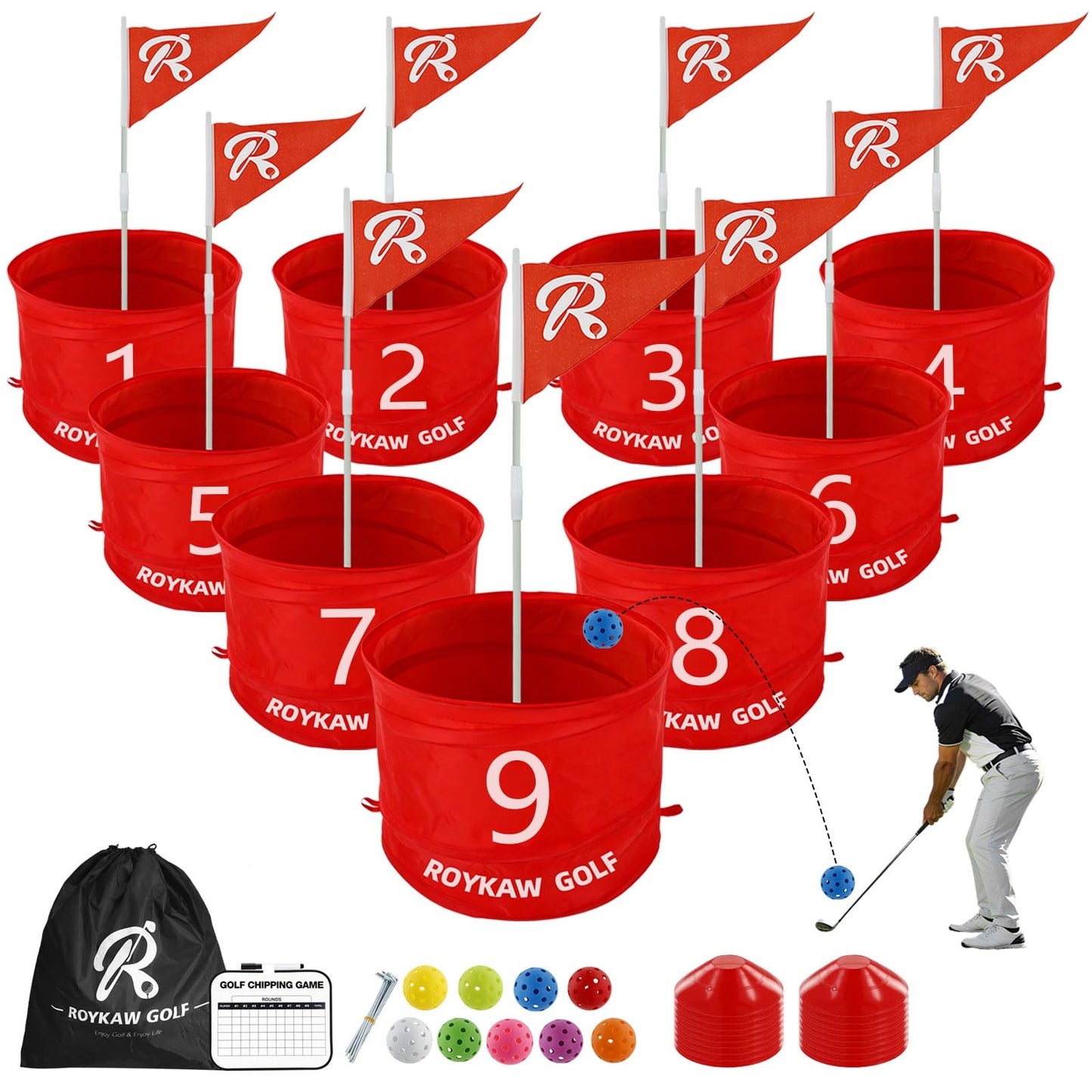Roykaw Backyard Golf Game, 9 Holes Bucket Game with Balls, Battle Golf Game for Outdoor Beach Park & Indoor, Golf Yard Game Set for Fun, Fits Family & Friend Party (No Golf Club)
