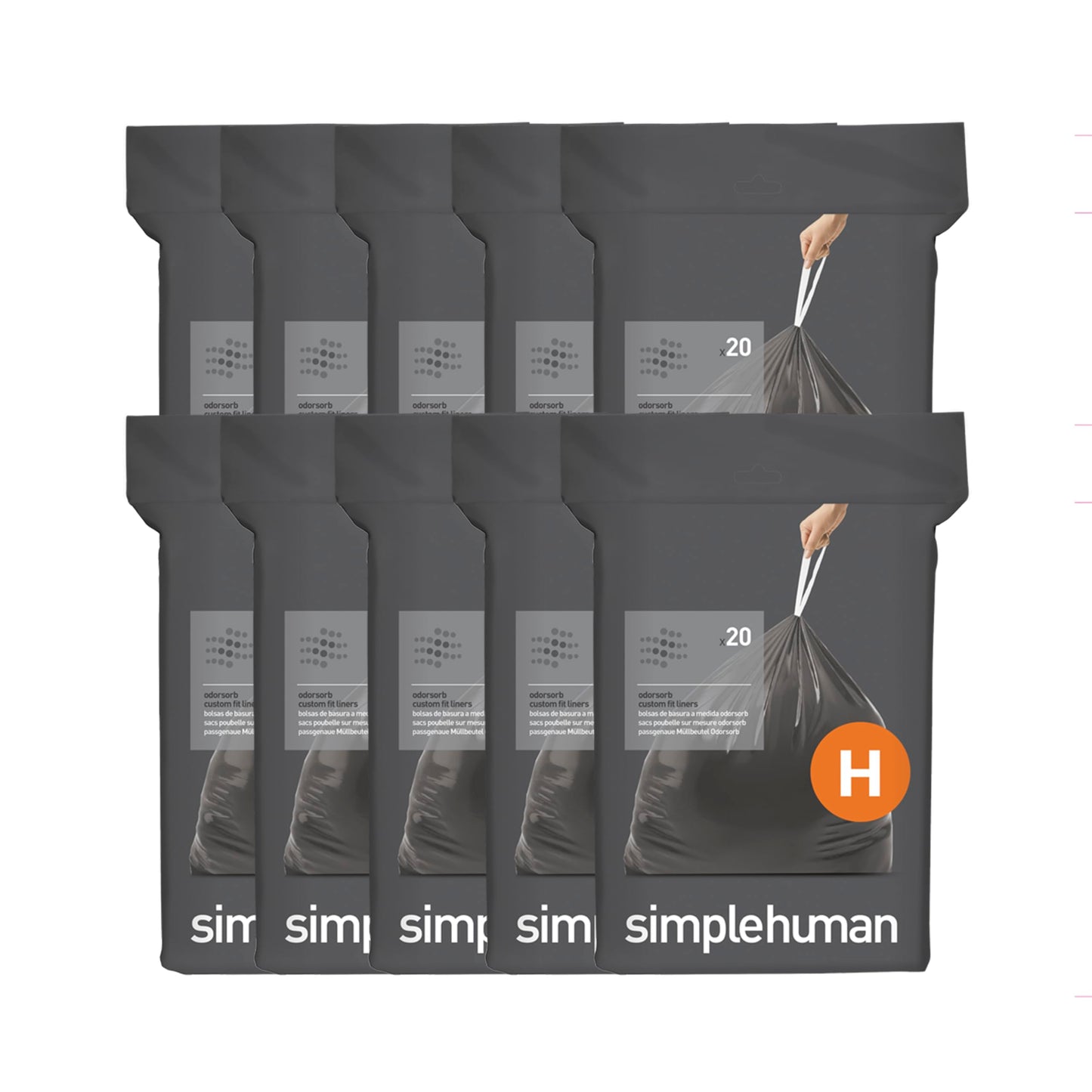 simplehuman Code H 200 Count Odorsorb® Custom Fit Liners, Drawstring Odor Absorbing Trash Bags, One-by-One Mess-Free Dispense, Extra Thick & Double Seamed, 50% PCR Plastic, 30-35 Liter / 8-9 Gallon