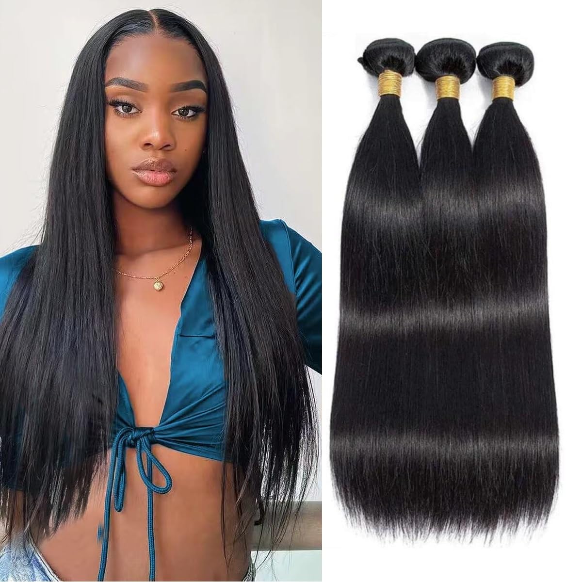 Straight Bundles Human Hair 16 16 16 Inch Brazilian Straight Hair Bundles 100% Unprocessed Virgin Hair Weave Bundles Human Hair Extension for Women Trippy Hair Bundles Human Hair Natural Color