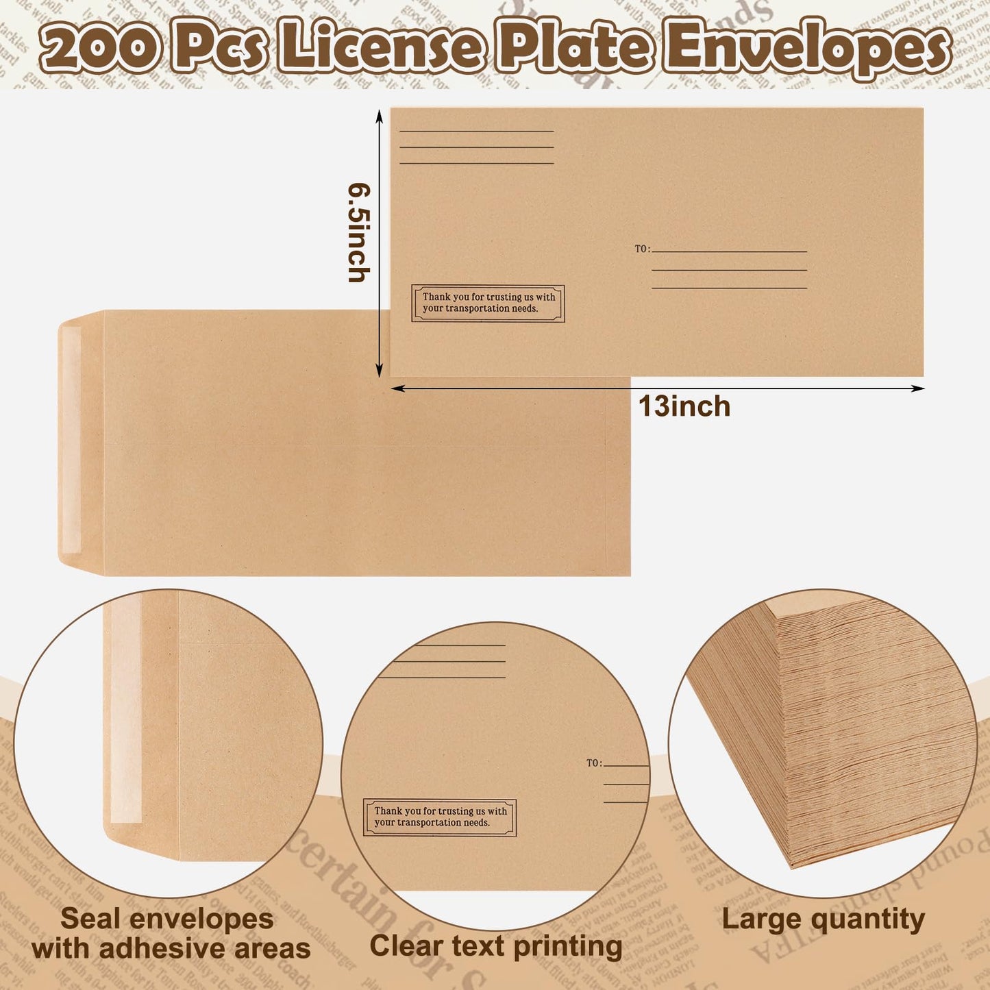 Feifeiya 200 Pcs License Plate Envelopes 13 x 6.5 Inch Brown Kraft Mailing Envelopes for License Plate Pictures Business Documents Invitation Cards (Fresh)