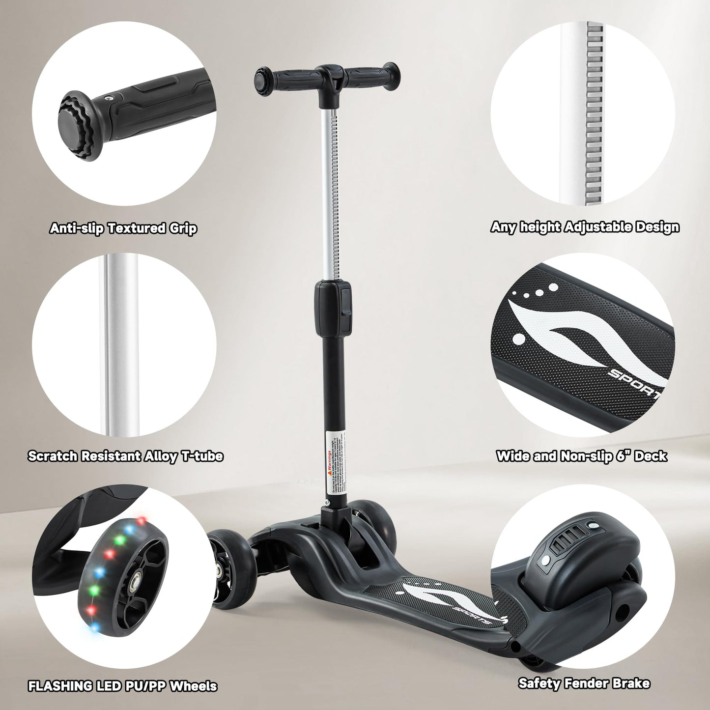 GLAMUP Kick Scooter Adjustable Height Adjustable Handlebar，Kids Scooter 3 Wheel with LED Lights，Suitable Kids Ages 2，Ages 6，Ages 8，Extra Wide Deck for Boys and Girls, Black
