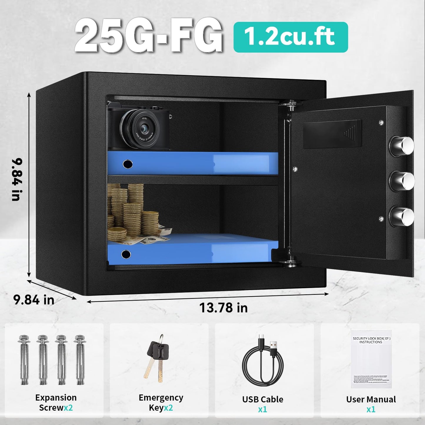1.2 Cu Ft Safe Box with Fireproof Waterproof, Digital Home Security Safe with External Type-C Interface, Mute Function & Removable Shelf, Keypad & Spare Keys, Personal Security Document Lock for Cash