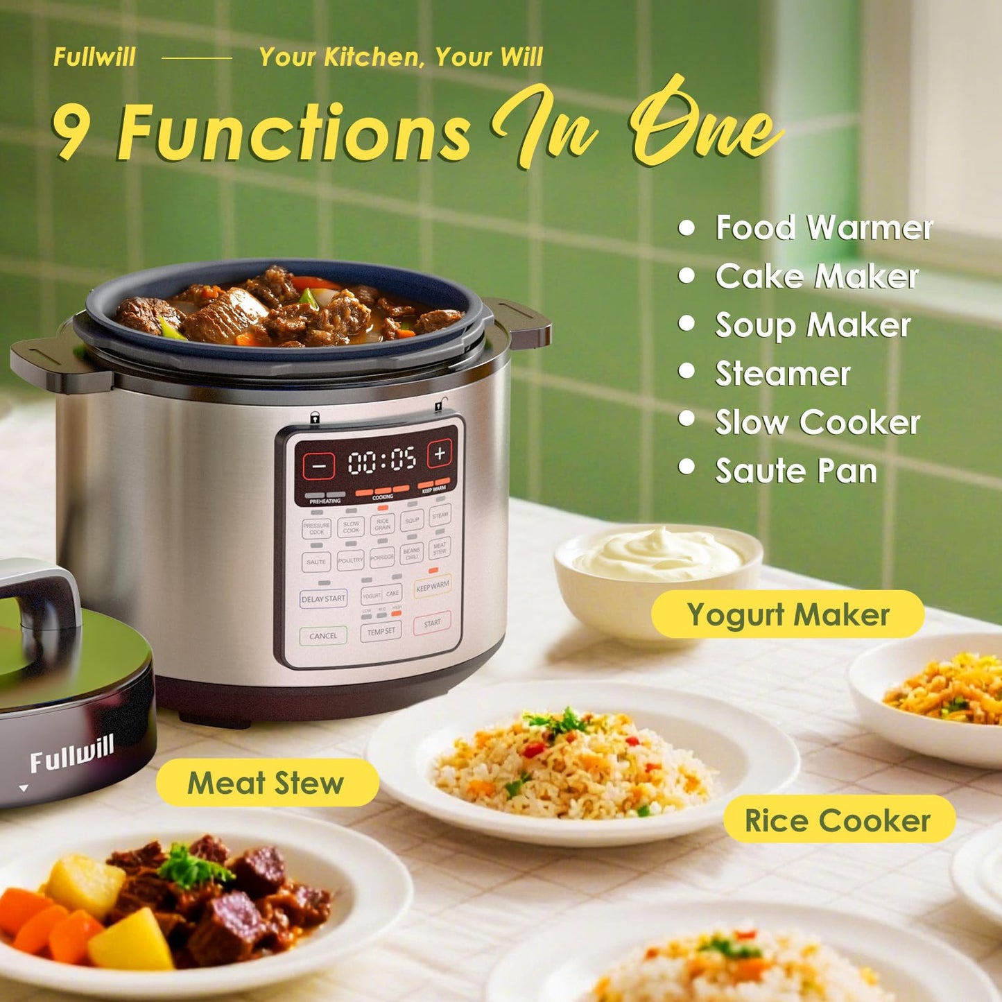 Fullwill 9-in-1 Electric Pressure Cooker, 12 Presets Instant Multi Cooker, Olla de Presion Nonstick Pot 6 Quarts Slow Cooker, Rice Cooker, Steamer, Sauté, Yogurt Maker, Warmer