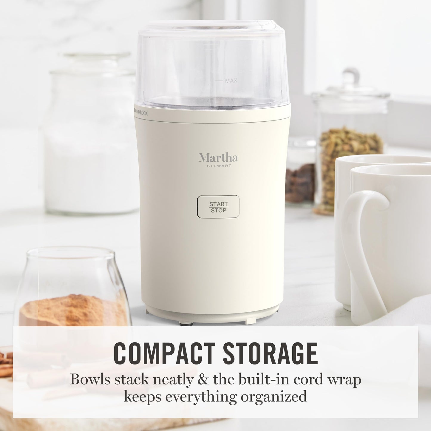Martha Stewart Electric Coffee & Spice Grinder, Dual 2.5oz Removable Bowls, Storage Lids, Stainless Steel Blades, One Touch Pulse Control, 2-in-1 Compact, Beans & Spices, Herbs & Nuts, Linen Cream
