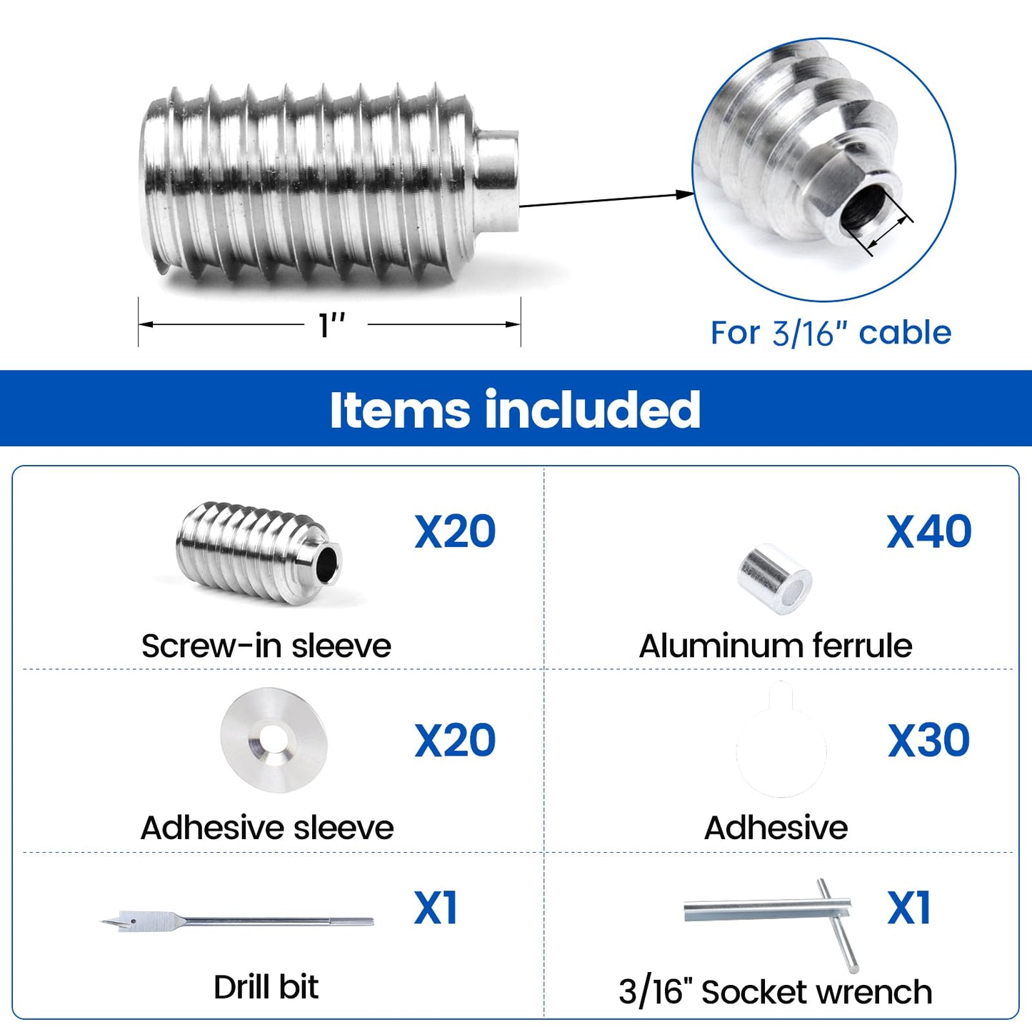 [Patent] Muzata 20 Pack 3/16" Invisible Cable Railing Kit Hardware Swage Lag Screw Hidden for 4x4 6x6 8x8 Wood Posts T316 Stainless Steel Deck Cable Railing System 10 Pairs CR99