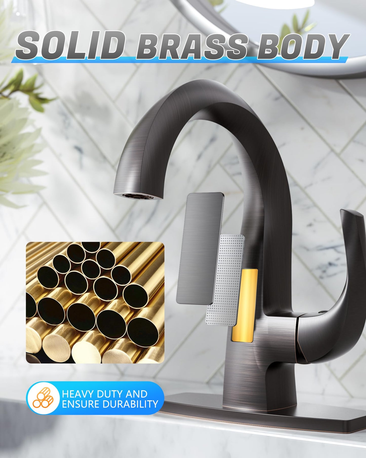 WOWOW Single Handle Bathroom Faucet 1 Hole High Arc Bathroom Basin Oiled Rubbed Bronze with Pop Up Drain, Solid Brass Commercial Bathroom Sink Faucet Basin Vanity Bar Faucet (Patented Product)