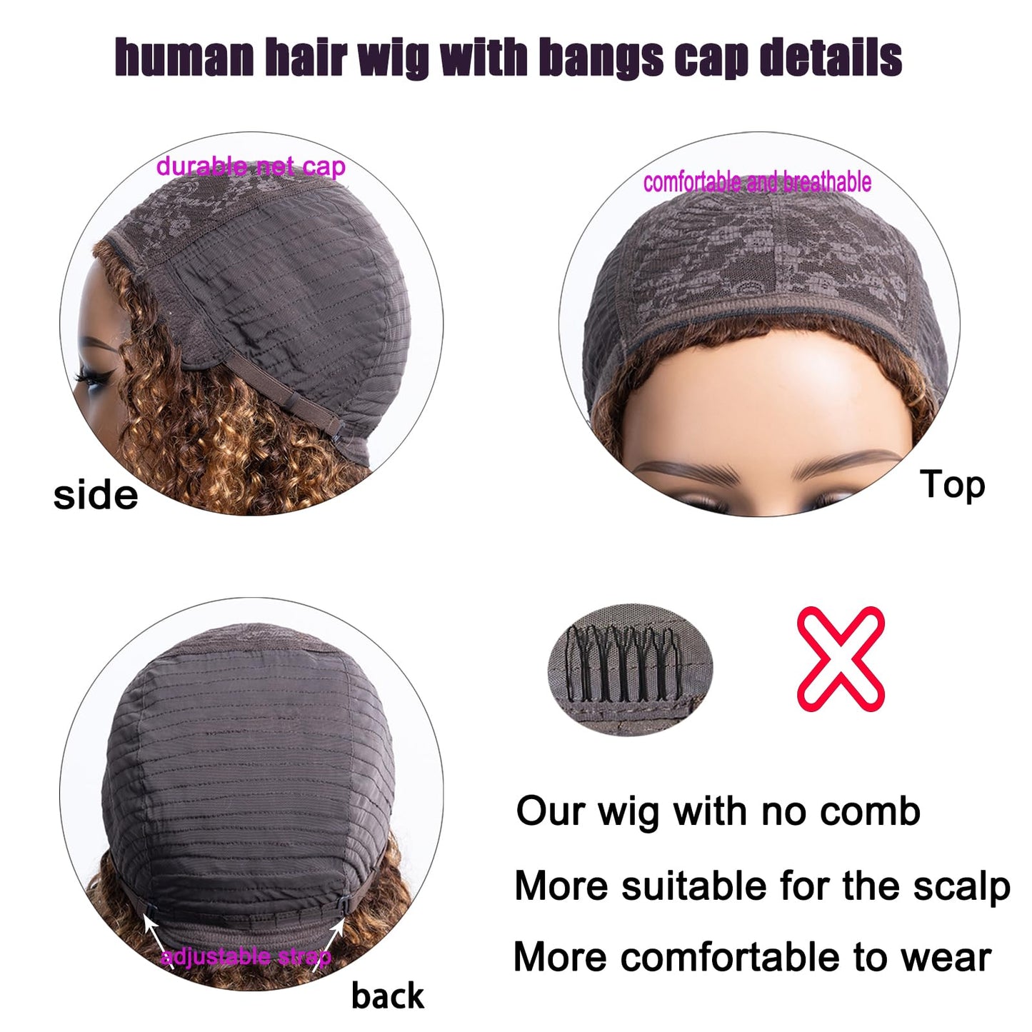 LYOLKSER 200 density short curly human hair wig with bangs 100 percent human hair no lace wig for black women highlight P4/27 brown and blonde 12 inch