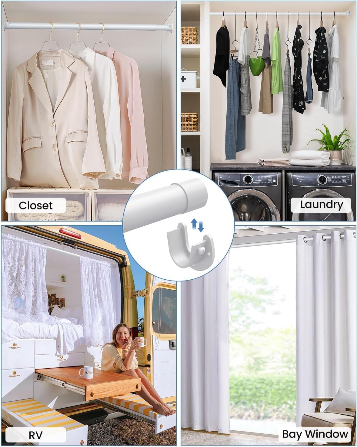 Supforce 2 PACK Closet Rods for Hanging Clothes, 17 to 69 Inches Stepless Adjustable Metal Closet Rod, 1.3 Inches Heavy Duty Clothes Hanging Rod for Closet Wardrobes Laundry RV, White