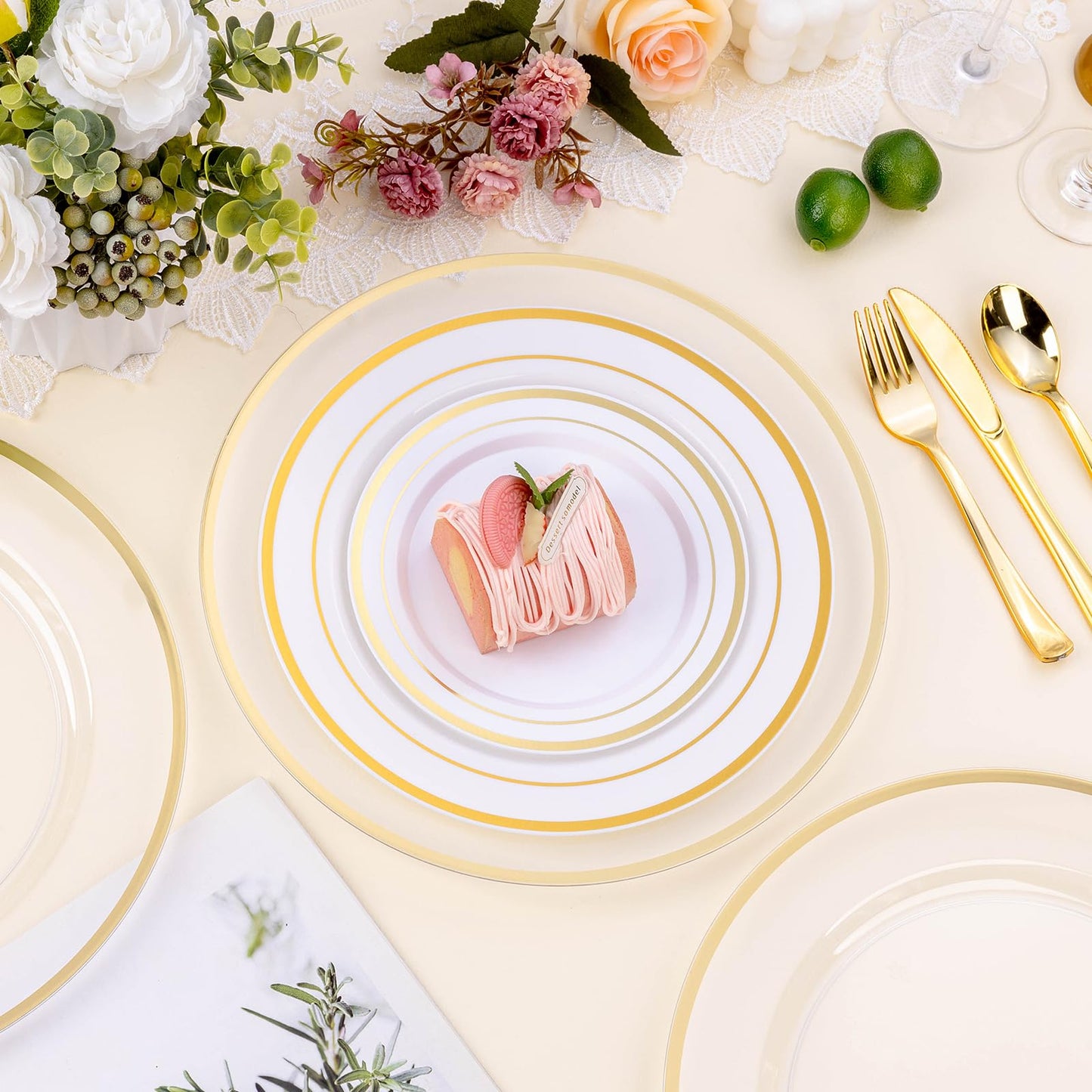 BESTSTAR 12 Inch Disposable Decor Charger Plates, 50 Pack Plastic Clear Plates with Gold Rim, Perfect Table Decor for Party, Wedding, Dinner
