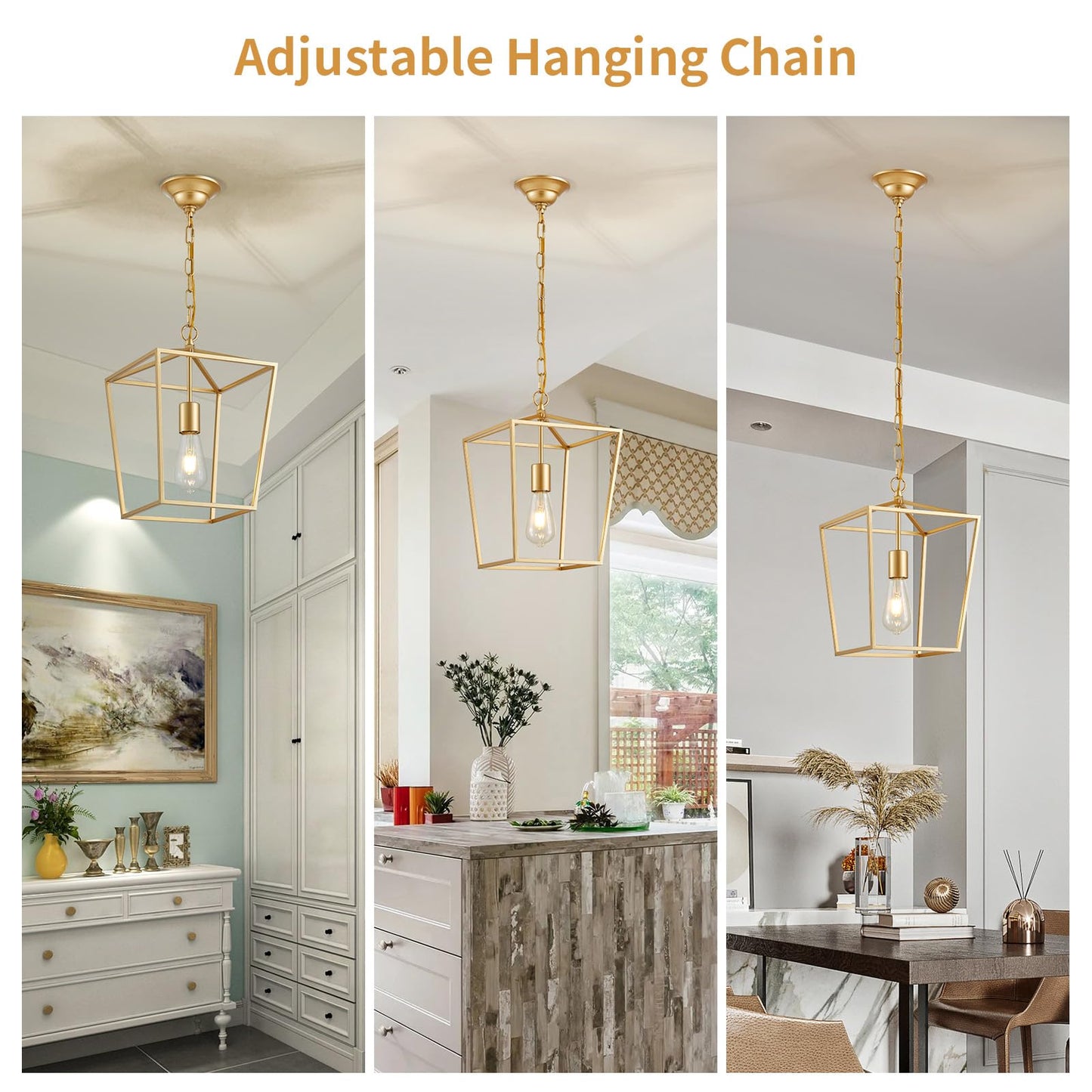 ANJIADENGSHI Lantern Pendant Light Lantern Iron Cage 1 E26 Bulbs Gold Chandelier for Dining Room Kitchen(Bulbs Not Included)