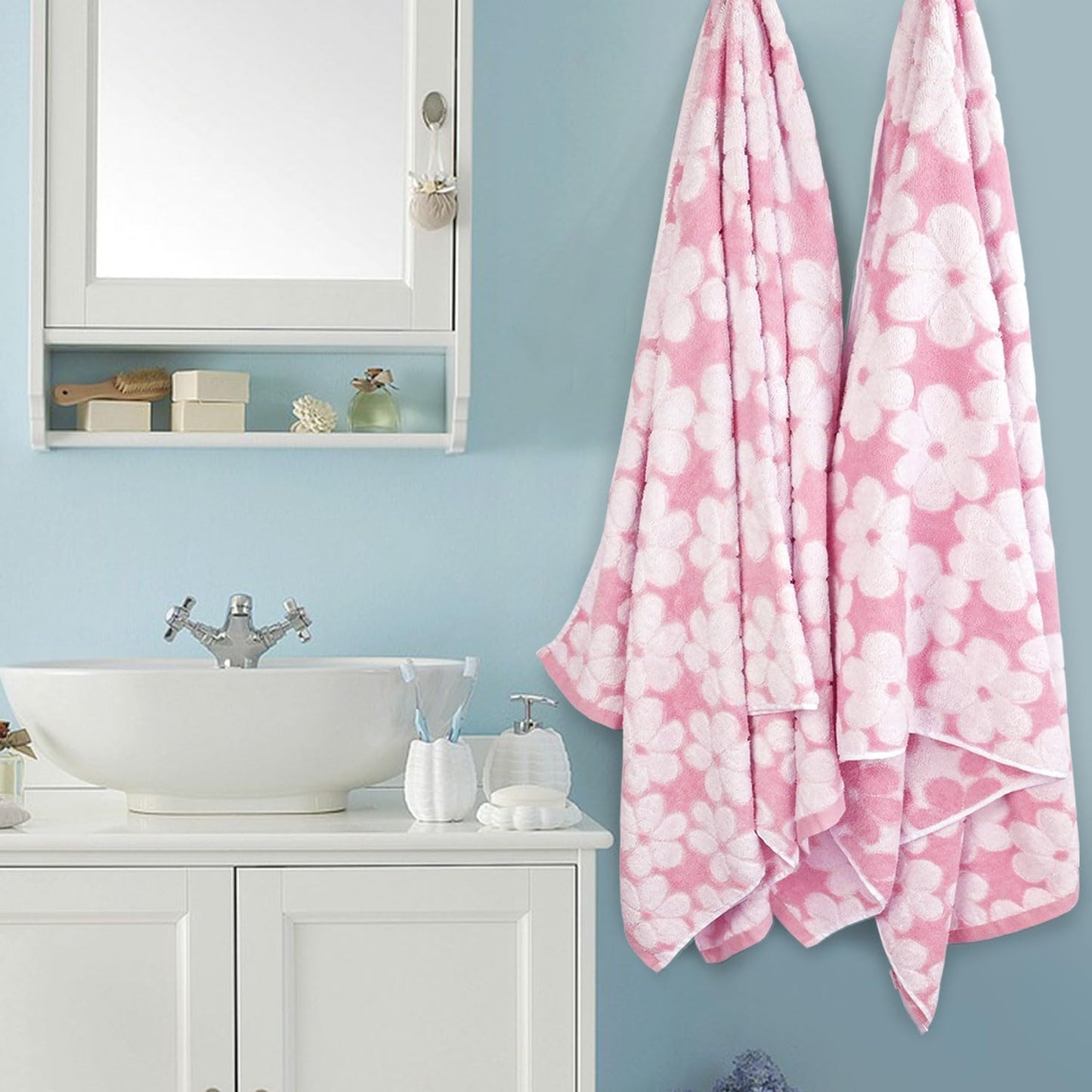 Jacquotha Pink Bath Towels Set of 2, Super Absorbent & Decorative 27.5x55 Inches, Cute Floral Jacquard Shower Towel for Bathroom Decor, Beach, Cotton