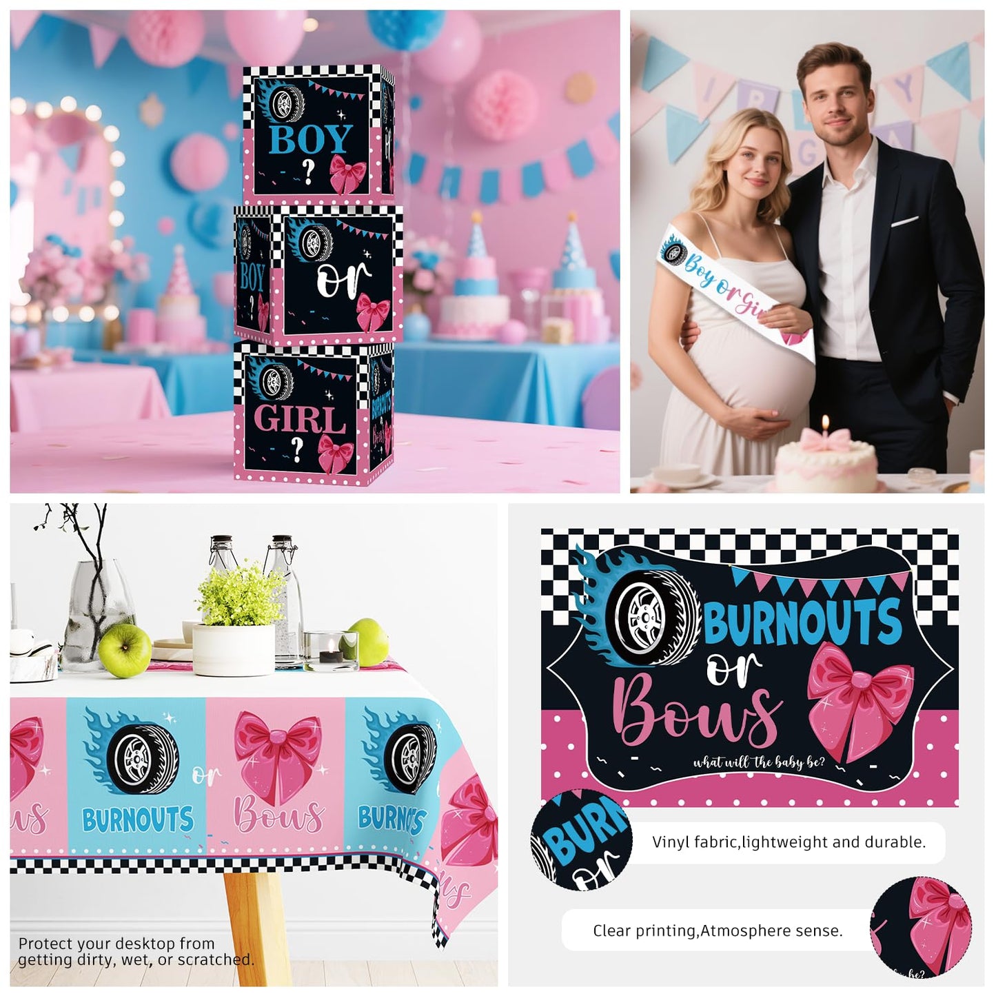 Cocomigo 287pcs Burnouts or Bows Gender Reveal Decorations, One-stop Baby Gender Reveal Decorations Include Burnouts or Bows Plates Backdrop Tablecloths Balloon and Stickers