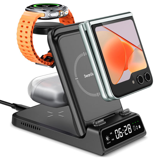 Charging Station for Samsung Z Flip 6, SwanScout 703F, Wireless Charger for Samsung Galaxy Z Flip 6/5/4/3, Galaxy Watch Ultra/7/6/6 Classic/5/5 Pro, Galaxy Buds 3 Pro/3/2 Pro/2 (No Adapter)