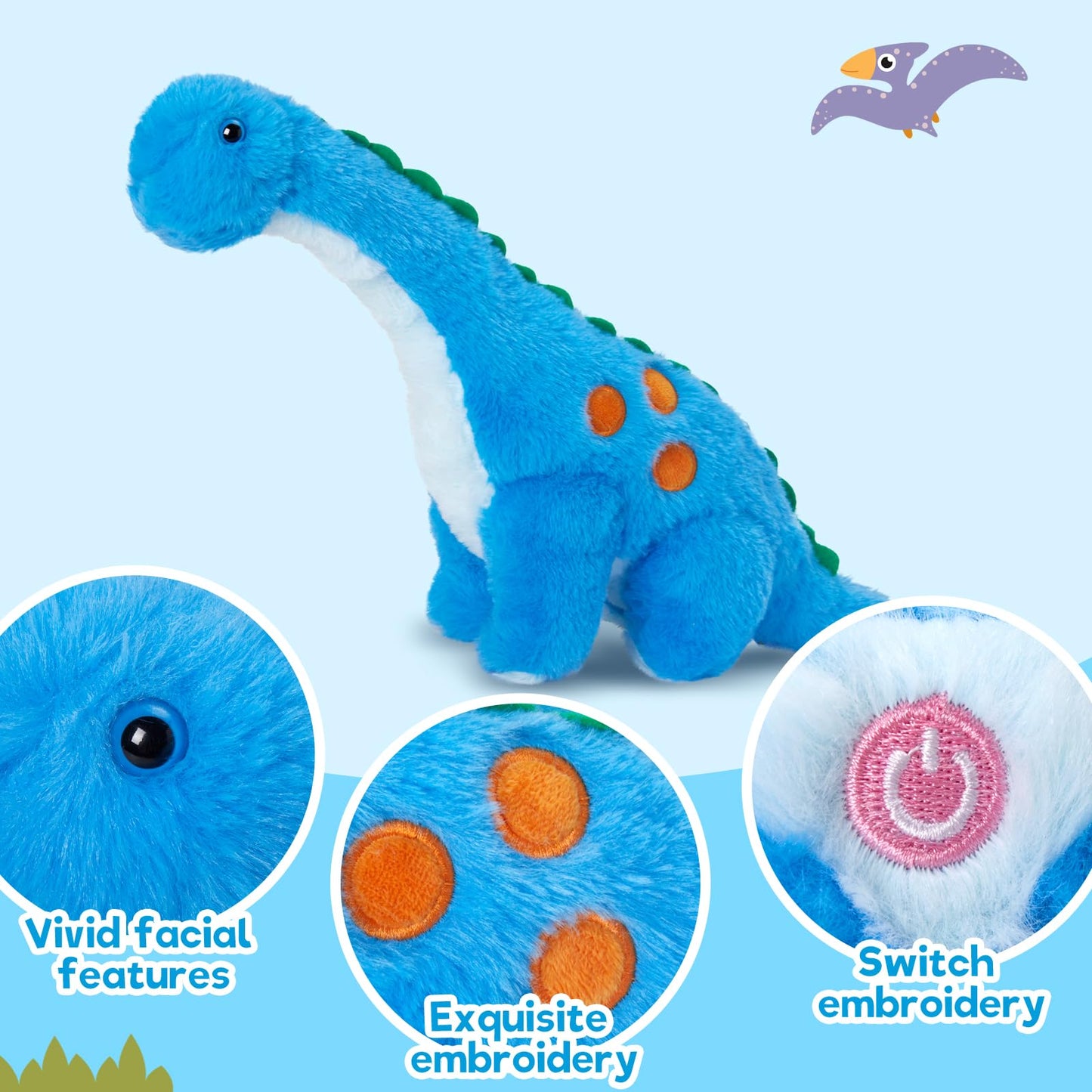Houwsbaby Light up Dinosaur Diplodocus Stuffed Animal Floppy LED Plush Toy Night Lights Glow Pillow Long Neck Birthday Gifts for Kids Toddler Girls and Boys, Blue, 10.5’’