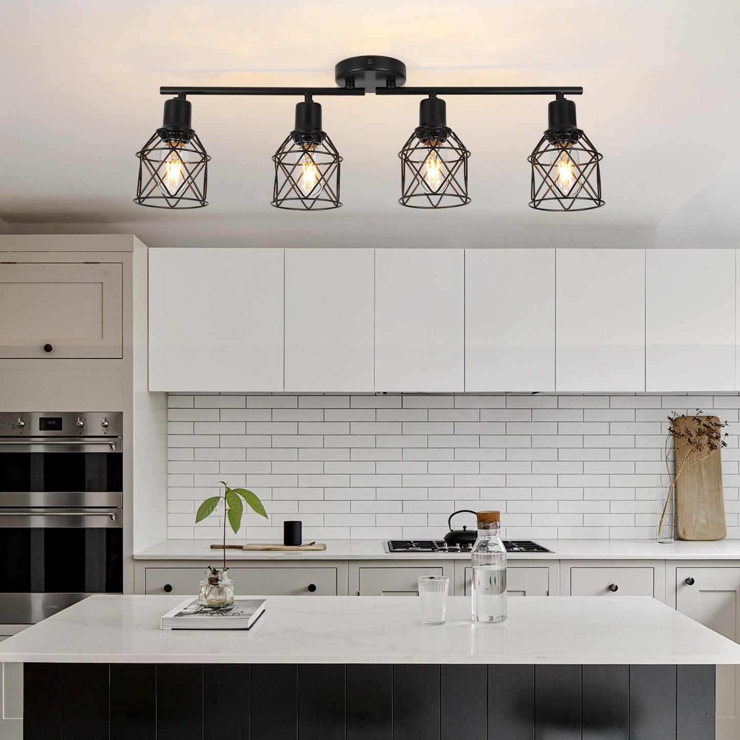 WILON Track Lighting Fixtures Ceiling 4-Light Flush Mount Ceiling Spot Lights, Industrial Track Light Black Kitchen Light Fixtures Rotatable Spotlight for Kitchen Hallway Living Room (E26 Base)