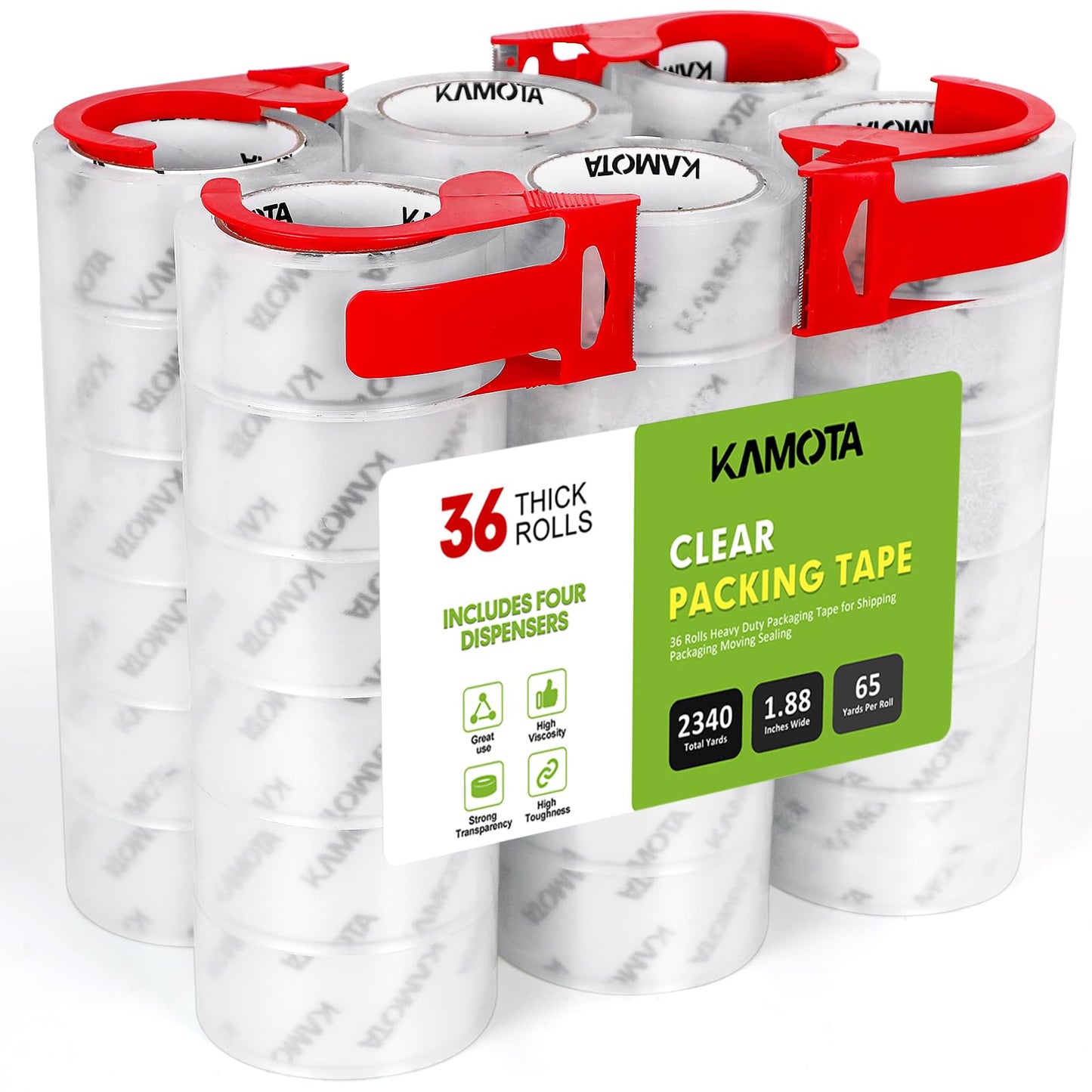 KAMOTA Packing Tape, 36 Rolls Heavy Duty Clear Packaging Tape for Shipping Packaging Moving Sealing, 1.88 inches Wide, 65 Yards Per Roll, Total 2340 Yards with 4 Dispensers