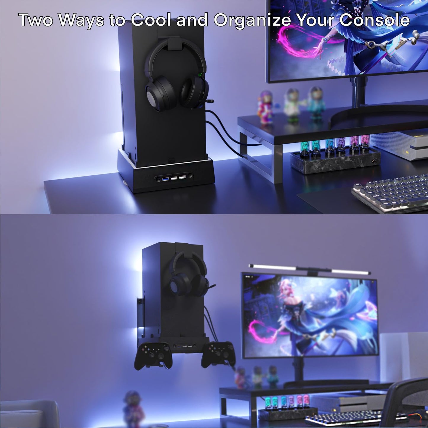 JDGPOKOO Wall Mount with Cooling Fan for Xbox Series X, 4 in 1 Wall Mount Kit for Xbox Series X, 3 Speed Low Noise Fan with RGB Light Strip & Touch Switch, 3 USB Port Controller & Headphone Holder