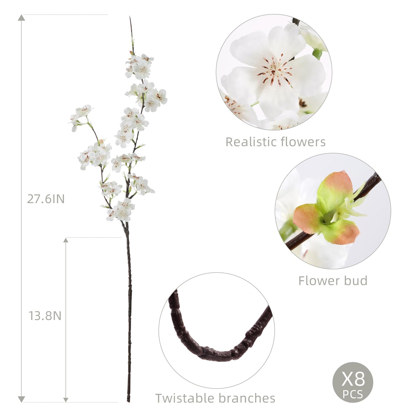 ENALGRE Artificial Cherry Blossom Branches 27.6In Silk Cherry Blossom Branches 8PCS Long Stem Artificial Flowers for Tall Vase, for Home Decorate, Weddings Decorate, Parties & Festival Gifts (White)