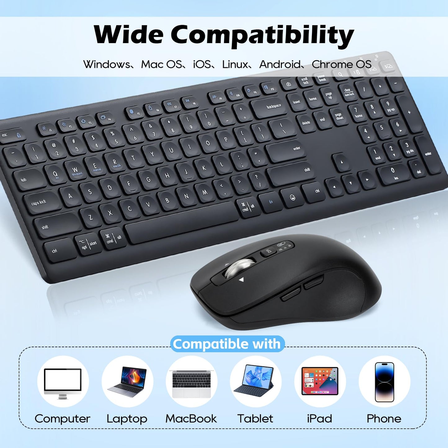 CITLLA M9300 Wireless Keyboard Mouse Combo, Scissor-Switch Keys, 2-in-1 USB Receiver and Dual Bluetooth, Multi Device Silent Design for PC, Computer, Laptop, MacBook and iPad.