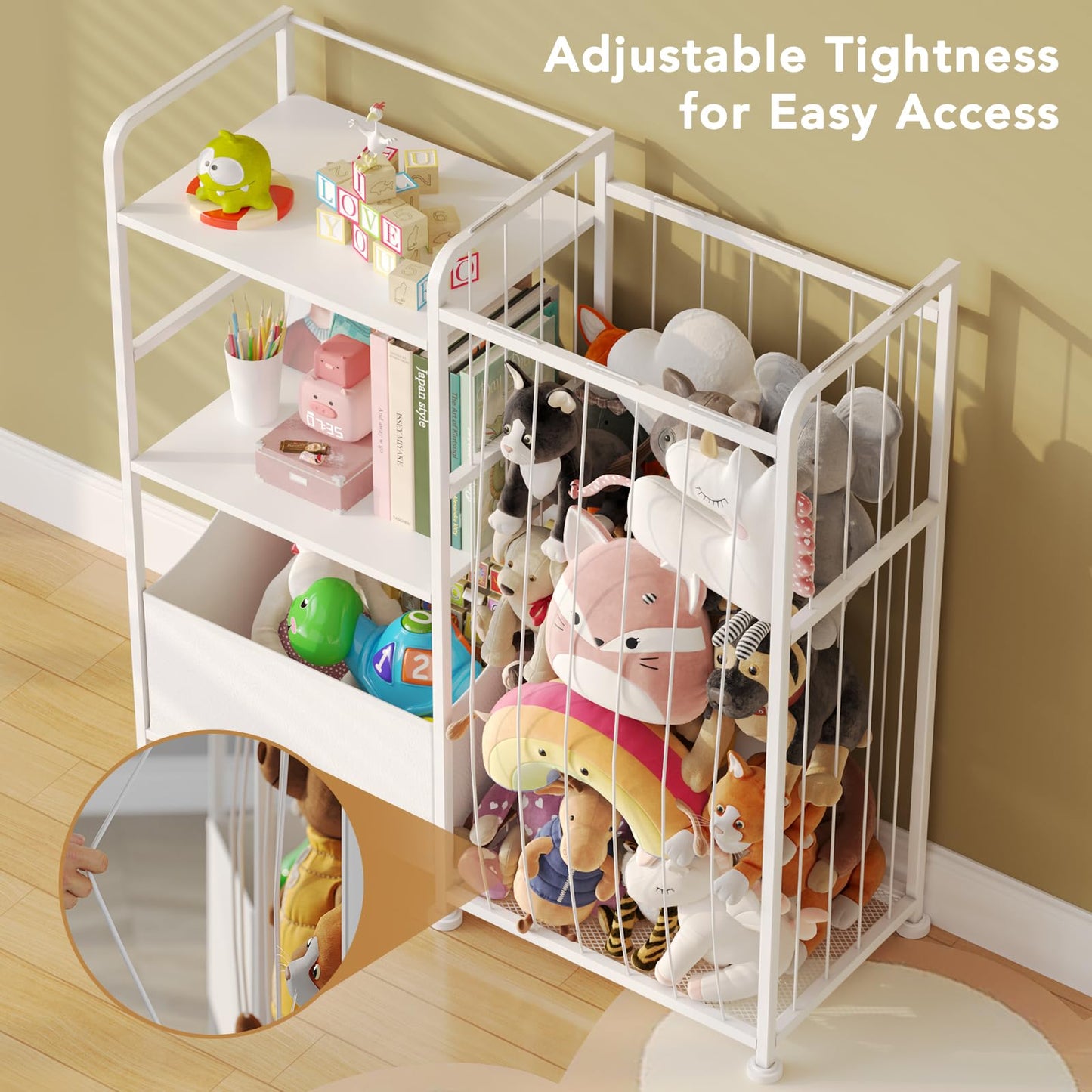 BBLIKE Kids Bookshelf and Toy Storage Organizer, Stuffed Animal Storage Holder with Fabric Toy Chest, 2-Tier Toddler Book Shelf for Kids Room, Playroom, Nursery, White
