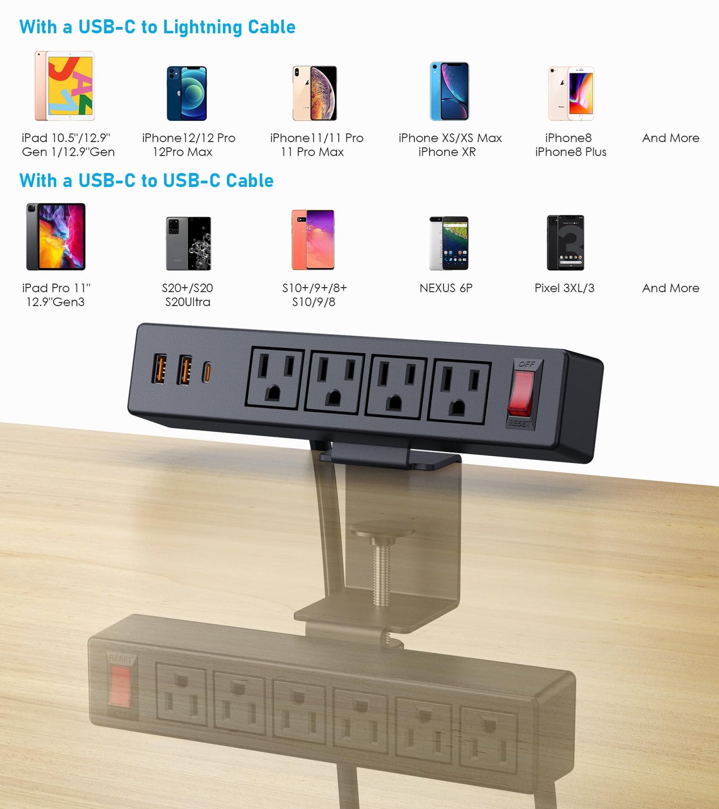 Desk Clamp Power Strip with PD20W USB-C, VILONG 2 in 1 Dual Layer Under Desk Power Strip, Removable Clamp Power Socket with 10AC Outlets & Switch, 6ft Extension Cord