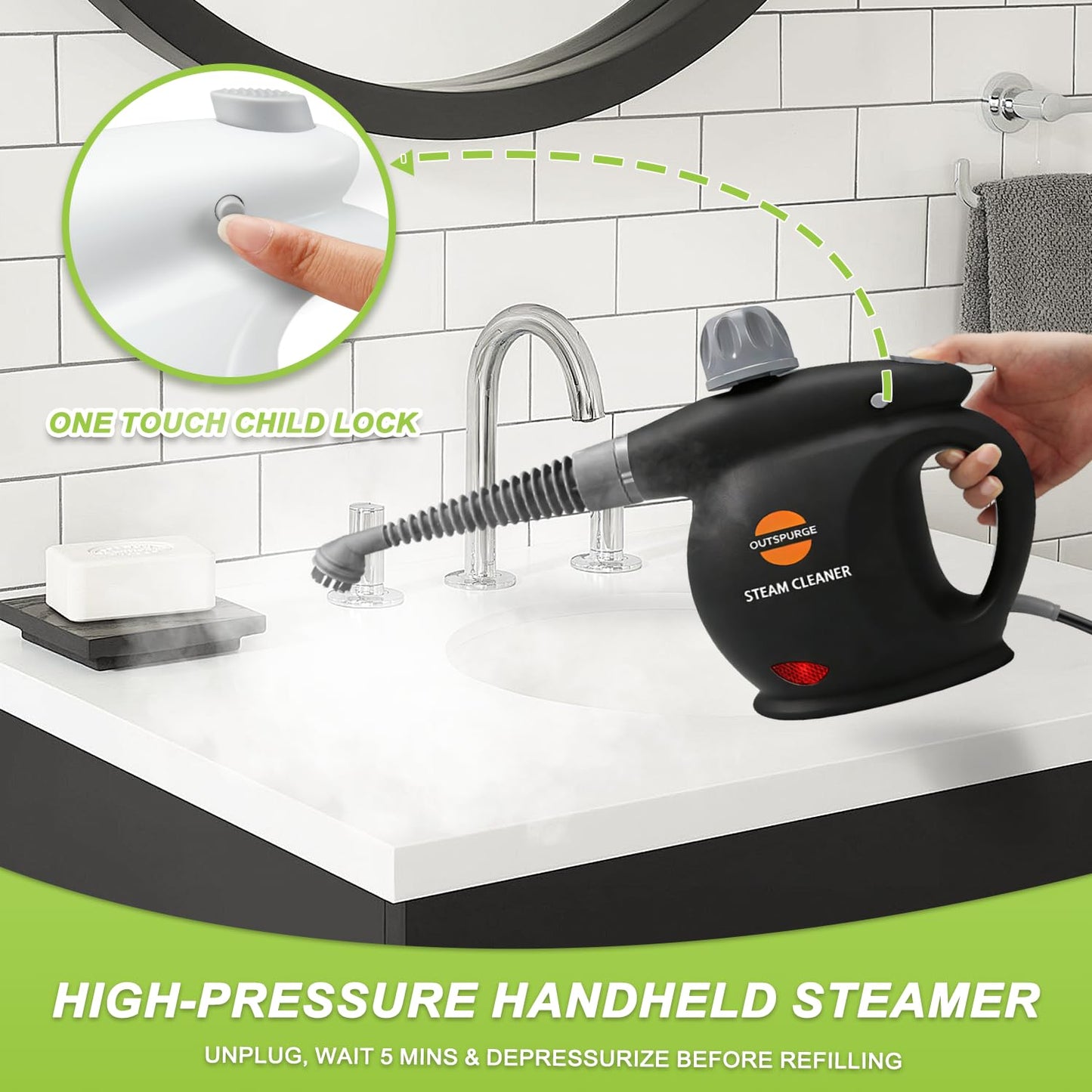 Outspurge Handheld Steam Cleaner, Pressurized Multi-Surface Steam Shot with 13 Accessories, Safety Lock, Steamer for Cleaning Floor, Upholstery, Grout, Windows, Couch and Car (Black)