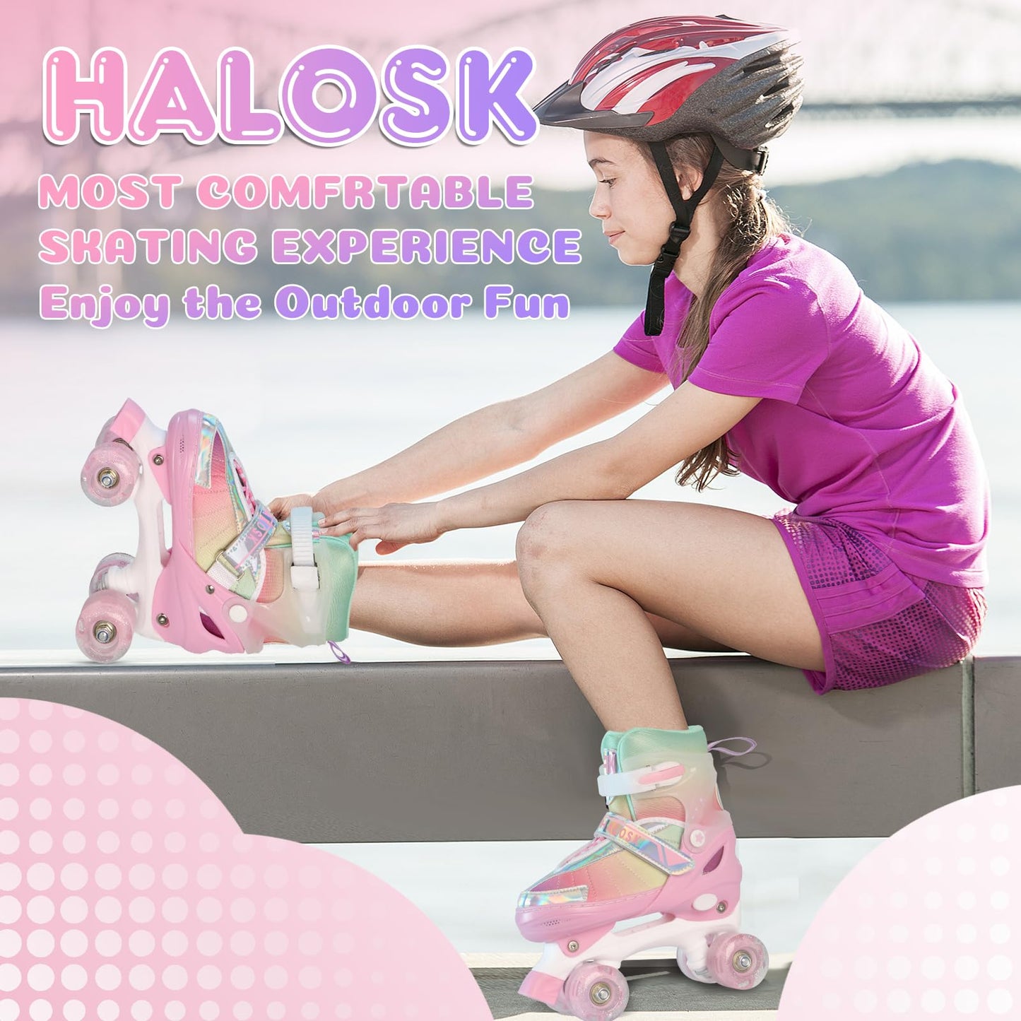 HALOSK Girls Roller Skates for Kids Beginners Ages 6-12, Pink Rainbow Adjustable Quad Rollerskates for Youth with All Light up Wheels Skating Shoes for Outdoor Sports