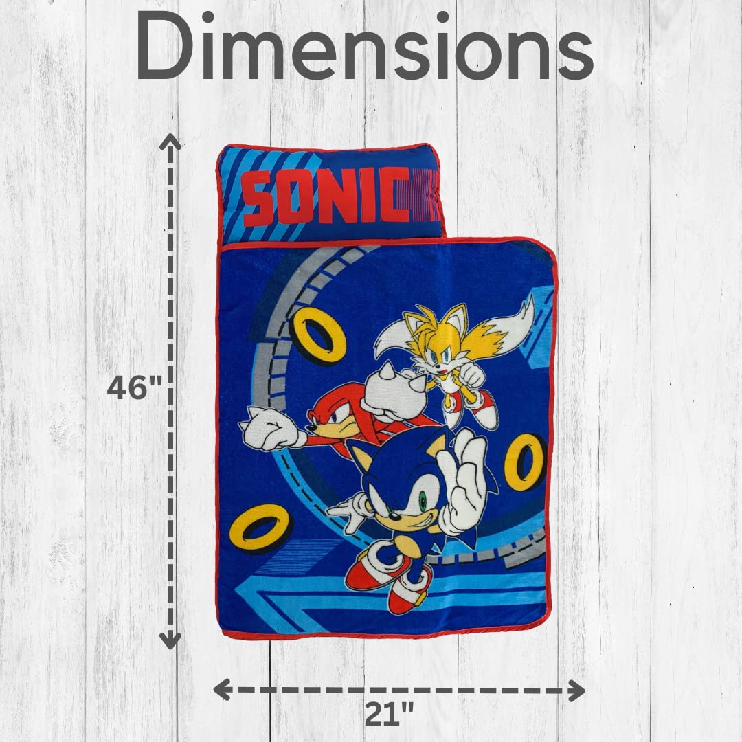 Sonic The Hedgehog 21"(W) X 45"(L) Soft Toddler Nap Mat with Pillow and Blanket Perfect for Preschool, Daycare, and Travel (100% Official Licensed Product)