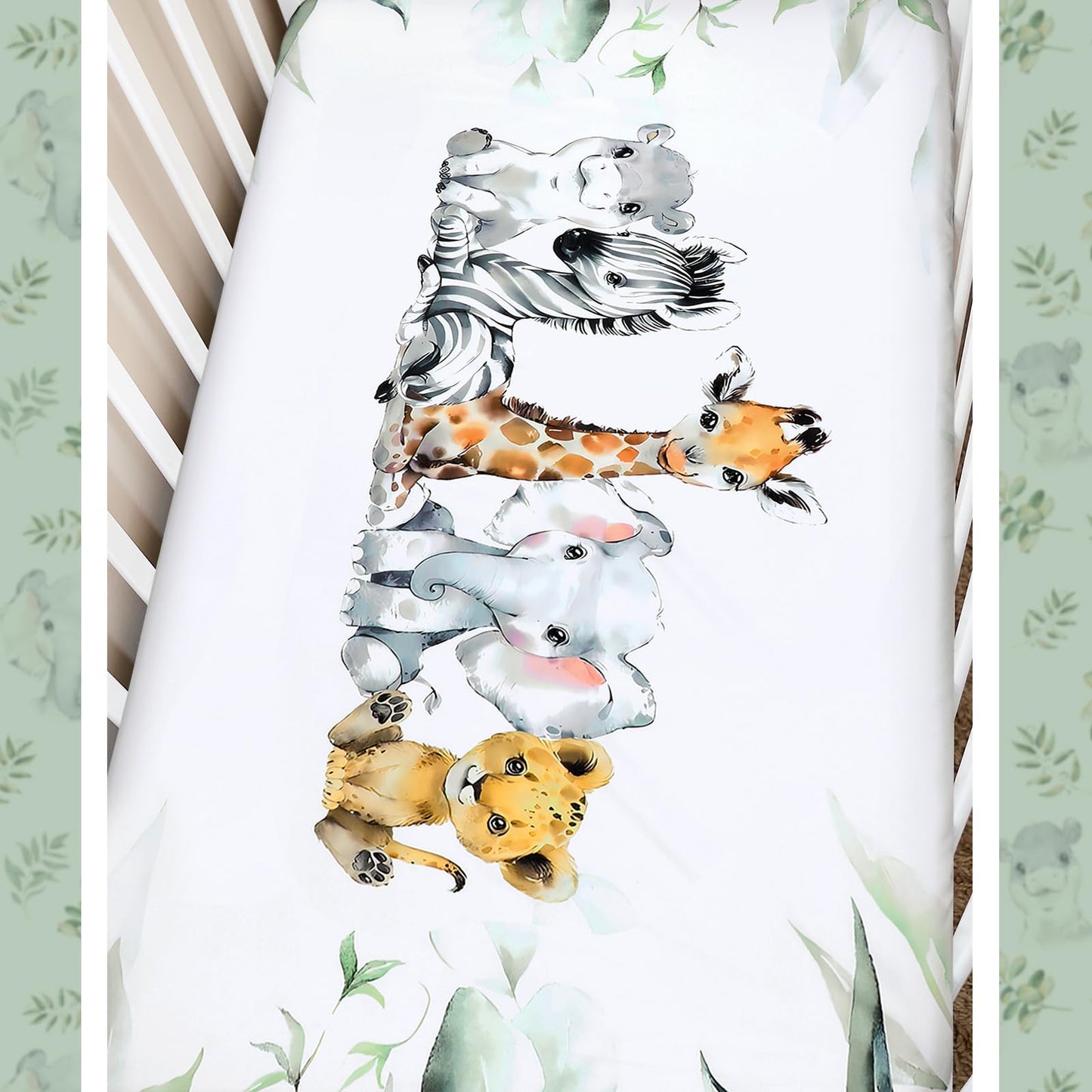 Hahafelt 3 Pcs Baby Crib Bedding Set Safari Animals Dinosaurs Bear Woodland Animals Jungle Crib Set Includes Quilt, Fitted Sheet, Skirt for Baby Boy Girl(Light Blue,Safari)