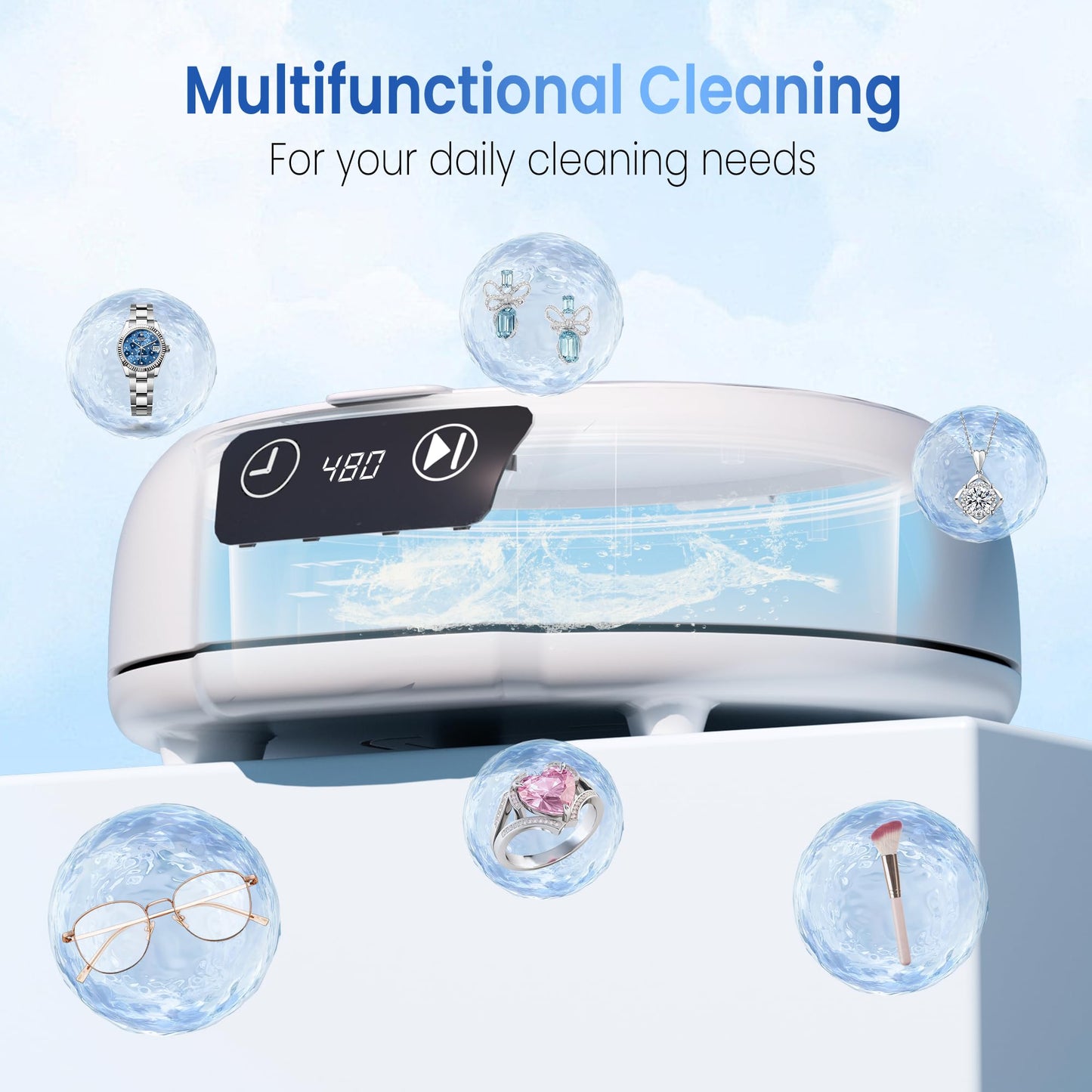 KUNPHY Jewelry Cleaner, 700ml(24.5 Oz) 48KHz Ultrasonic Jewelry Cleaner with 3 Digital Timers, Ultrasonic Cleaner for Silver, Gold Jewelry, Glasses, Rings, Diamond