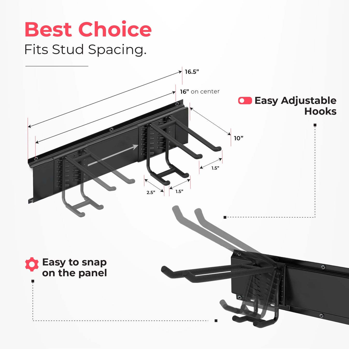 TIDYME Garage Wall Organizer | 64" Heavy-Duty Tool Storage Rack | Adjustable Double-Layer Hooks | 400 lbs Capacity | Carbon Steel Wall Mount Holder for Shovels, Rakes, Ladders & Power Tools