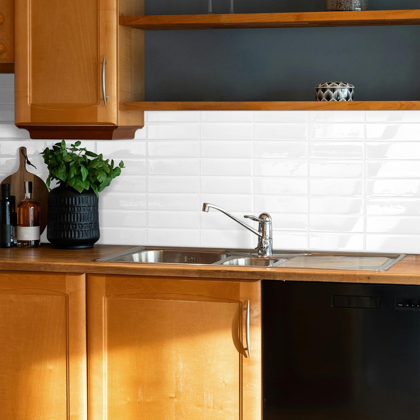 Tiwoos Plain White Peel and Stick Backsplash Tile Rectangle Subway Self Adhesive Wall Tiles for Kitchen (10-Sheet,12"x12")