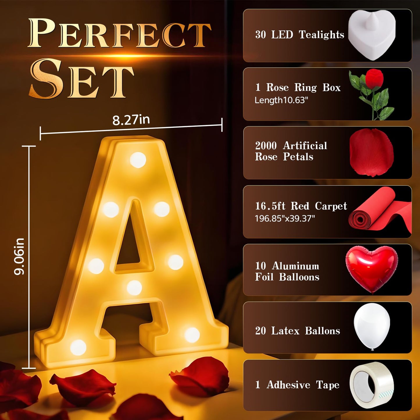 Marry Me Light Up Letters, with 30 Tea Lights Candles, Rose Petals, Aluminum Balloons, Balloons, Red Carpet, Rose Ring Box, Double Sided Tape, Valentine's Day Proposal Engagement Wedding Decorations