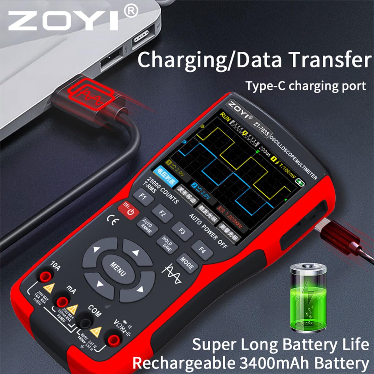 3 in 1 Handheld Oscilloscope Automotive Dual Channel 50MHz with Digital Multimeter and Signal Generator