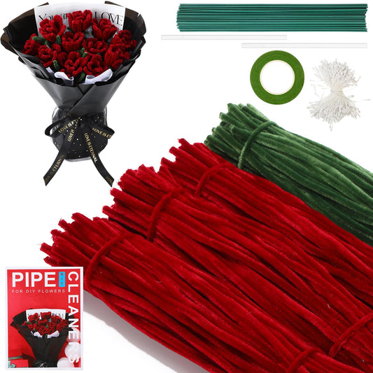 DaisyInner 500 Pcs Tulip Pipe Cleaners Flower Making Kit DIY Craft Supplies with Red & Green Chenille Stems, Floral Wires, Stamens, Glue Sticks for Handmade Bouquet, Art Projects, Home Decor
