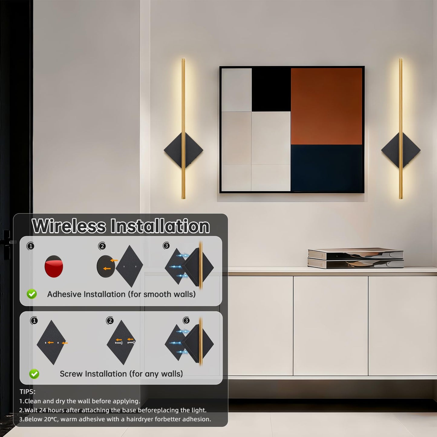 Battery Operated Wall Sconces Set of Two, Modern Sconces Wireless Cordless Rechargeable Light with Remote, Gold and Black Wall Lamp Dimmable Home Decor for Bedroom Living Room Hallway Timing 23.6 Inch