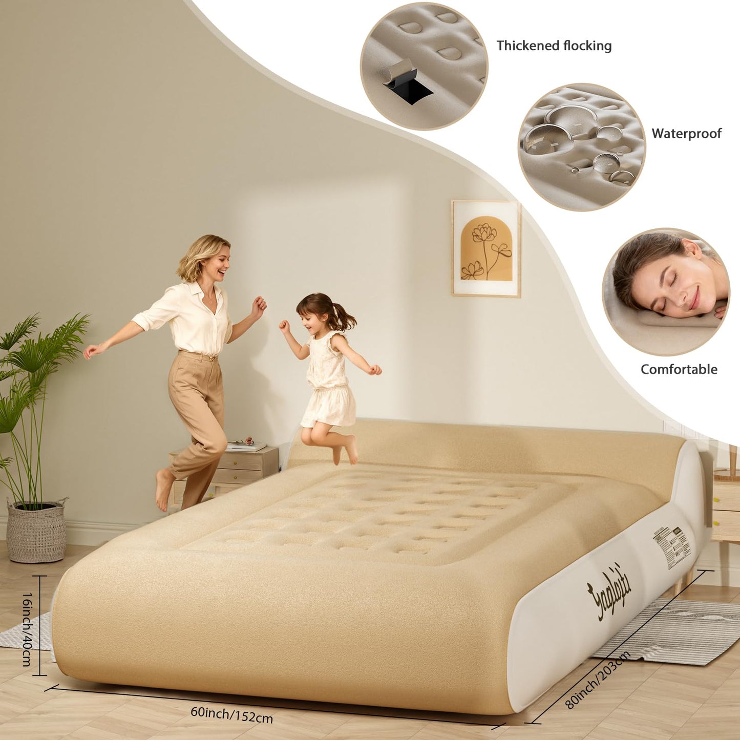 Gaglojti 16" Queen Air Mattress Full with Built in Pump for Camping,Portable Blow up Mattress with Carry Bag,High-Speed Pump,Luxury Inflatable Mattress Comfort Flocked Airbed for Guest,Home(Khaki)