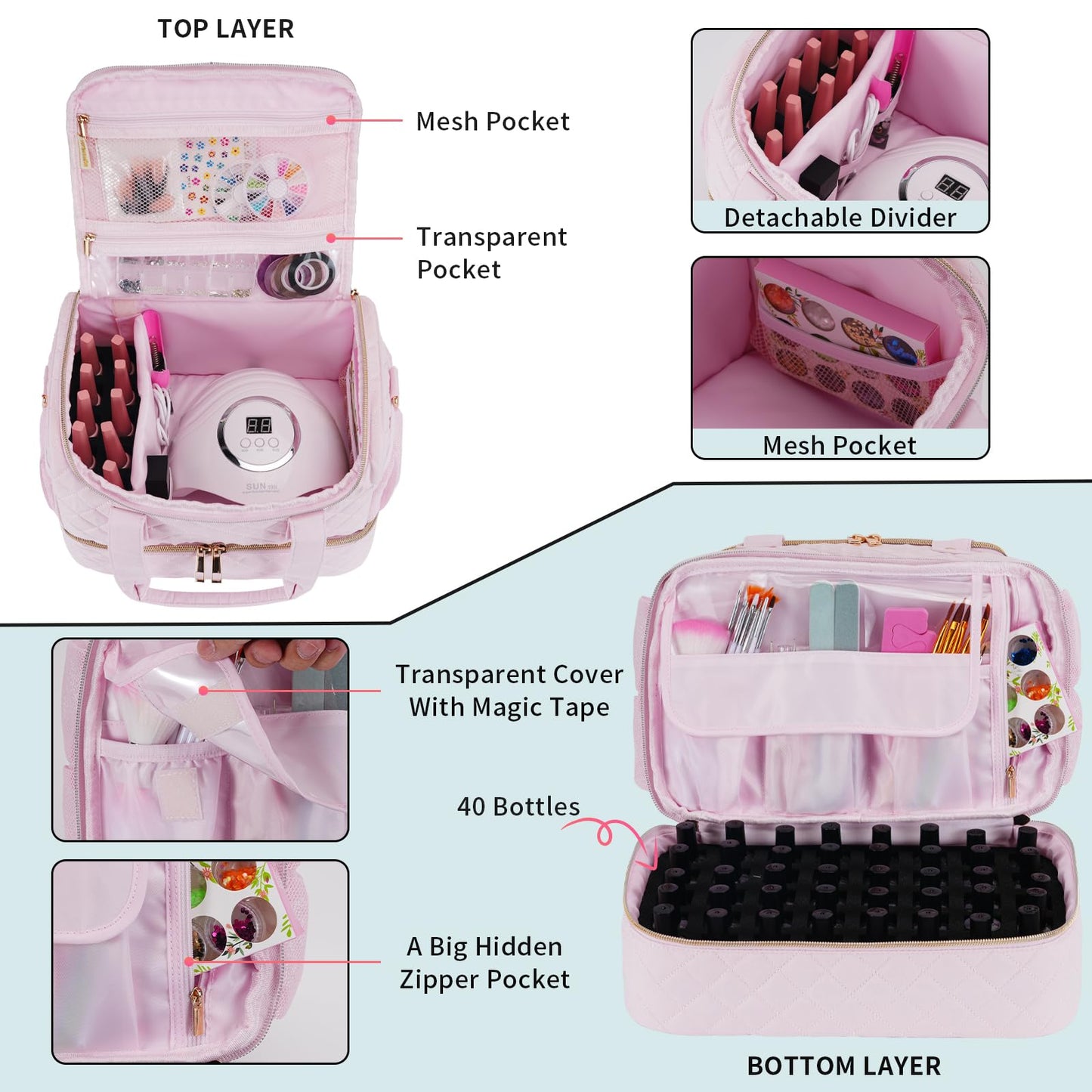 VOFIpremiAm Nail Polish Organizer Case Fits 1 Nail Lamp and 50 Bottles,Pretty Nail Organizers and Storage with Side Pockets for Nail Polish Remover,Manicure Tools (Patented,Bag Only)-Pale Pink