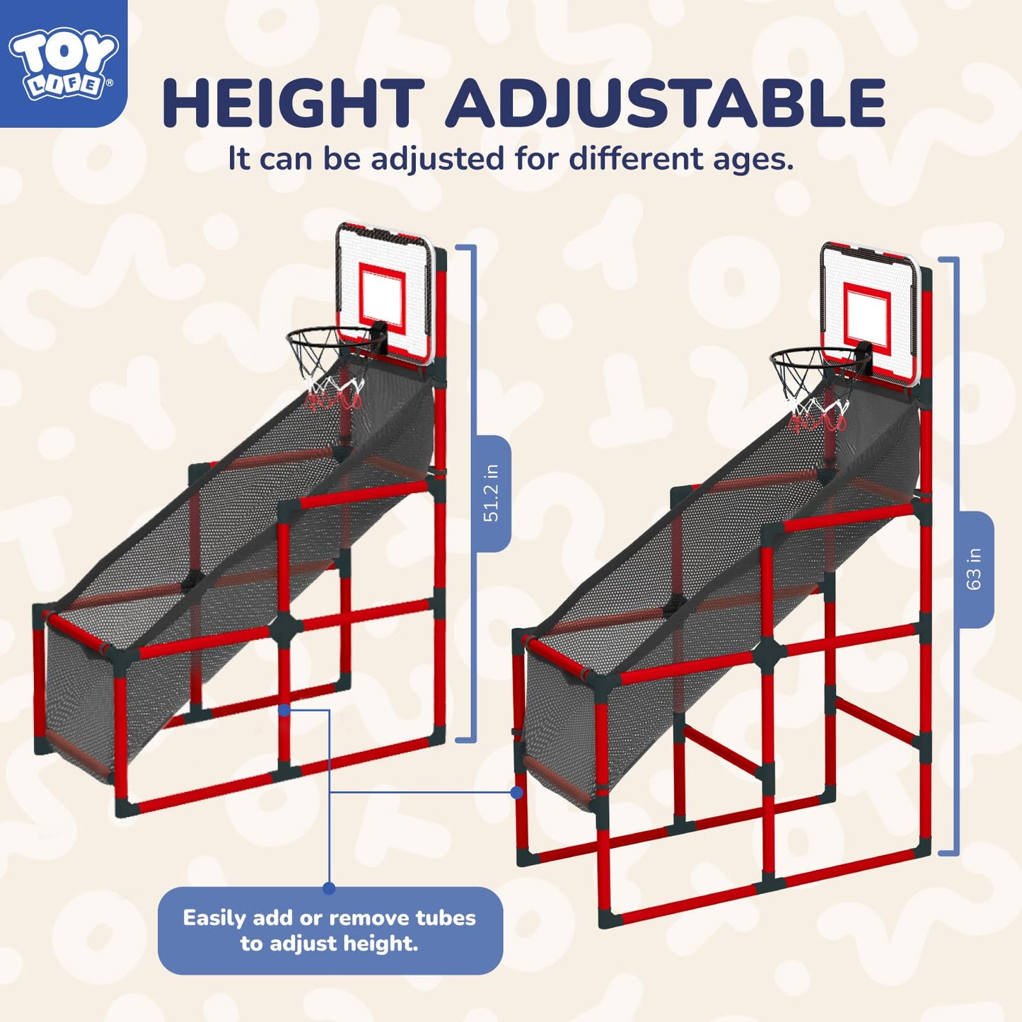 TOY Life Arcade Adjustable Height Basketball Game, Easy to Install with 4 Balls and Hoop Set for Children Aged 3 to 12 Years, Sports Game for Indoor and Outdoor Use, Air Pump