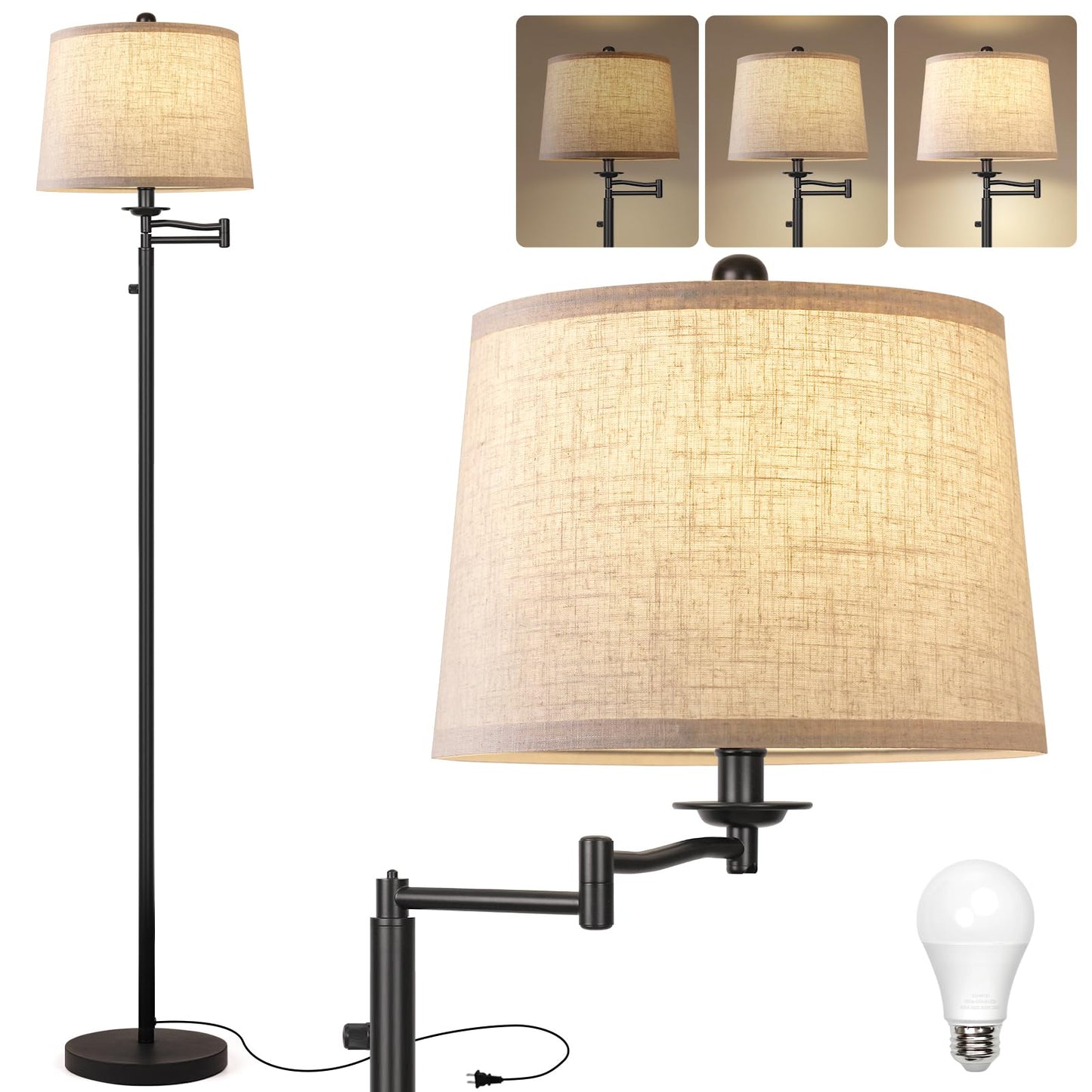 Ruiever Dimmer LED Floor Lamp,Tall Standing Lamp with Swing Arm,Black Lamp with Dimmer LED Bulb,Elegant Floor Lamp for Living Rooms & Bedroom (Black)