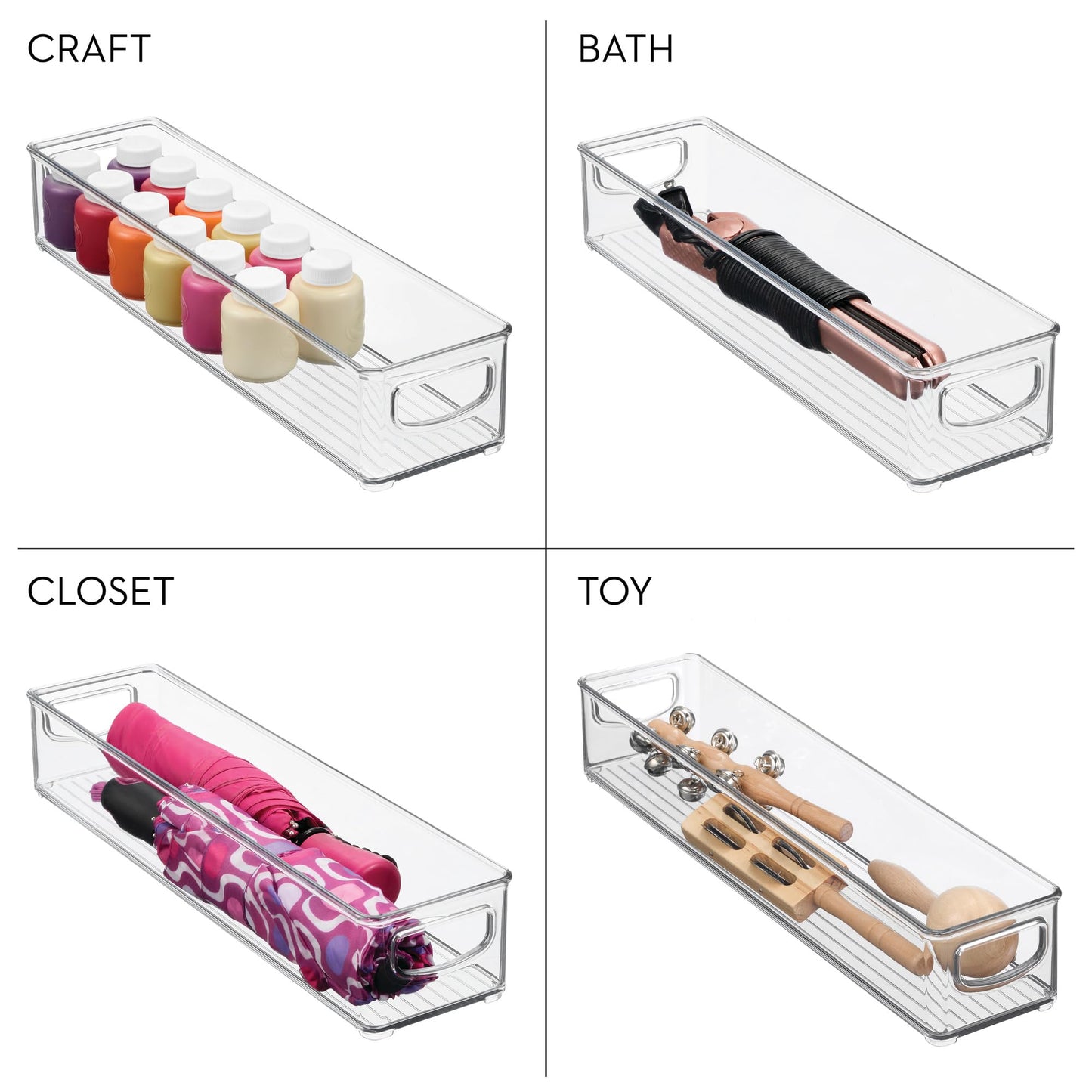 iDesign Slim Clear Plastic Storage Bin, Extra Long Narrow Stackable Organizer for Kitchen and Pantry, 4-Pack