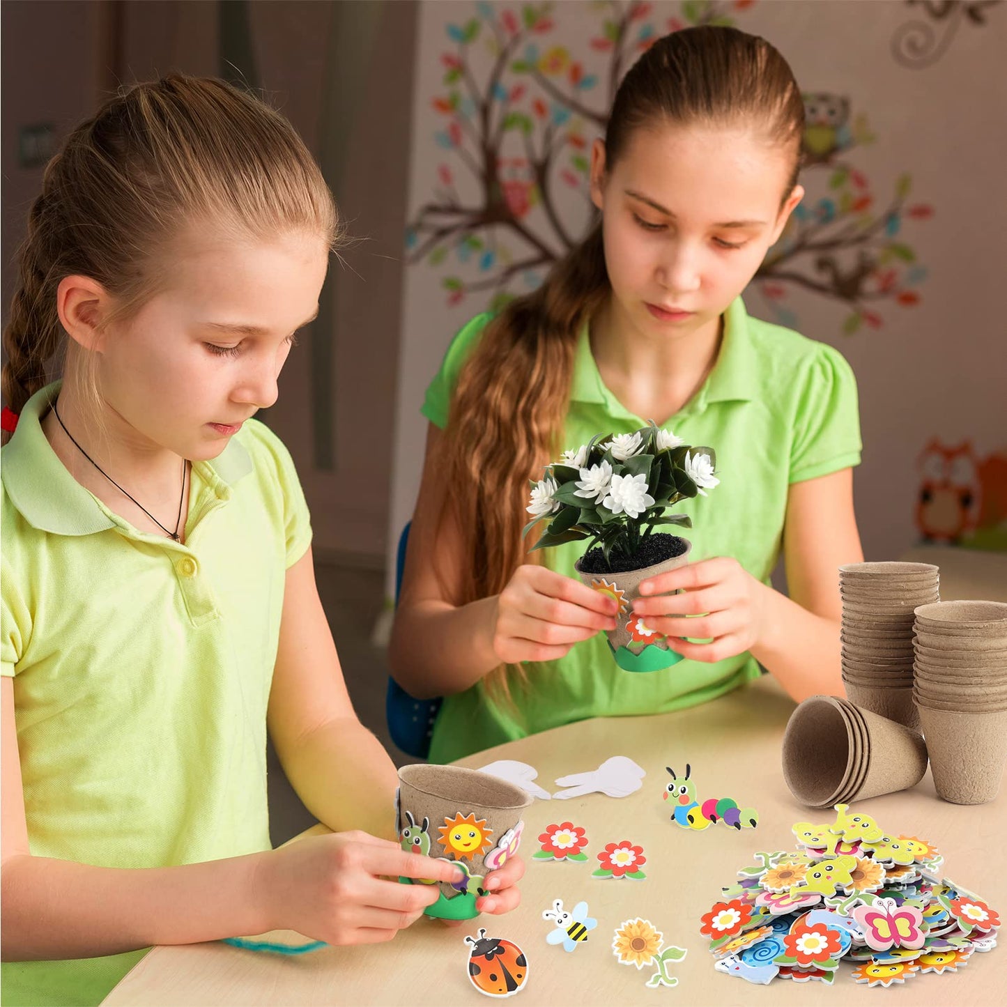 Ayfjovs Garden Paper Pot Craft Kit, 55 Pack Flower Plant Spring Craft for Kids with 200 PCS Adhesive Foam Stickers and 55 PCS Plastic Plant Labels for Kids Craft, Classroom Decor, Mother's Day